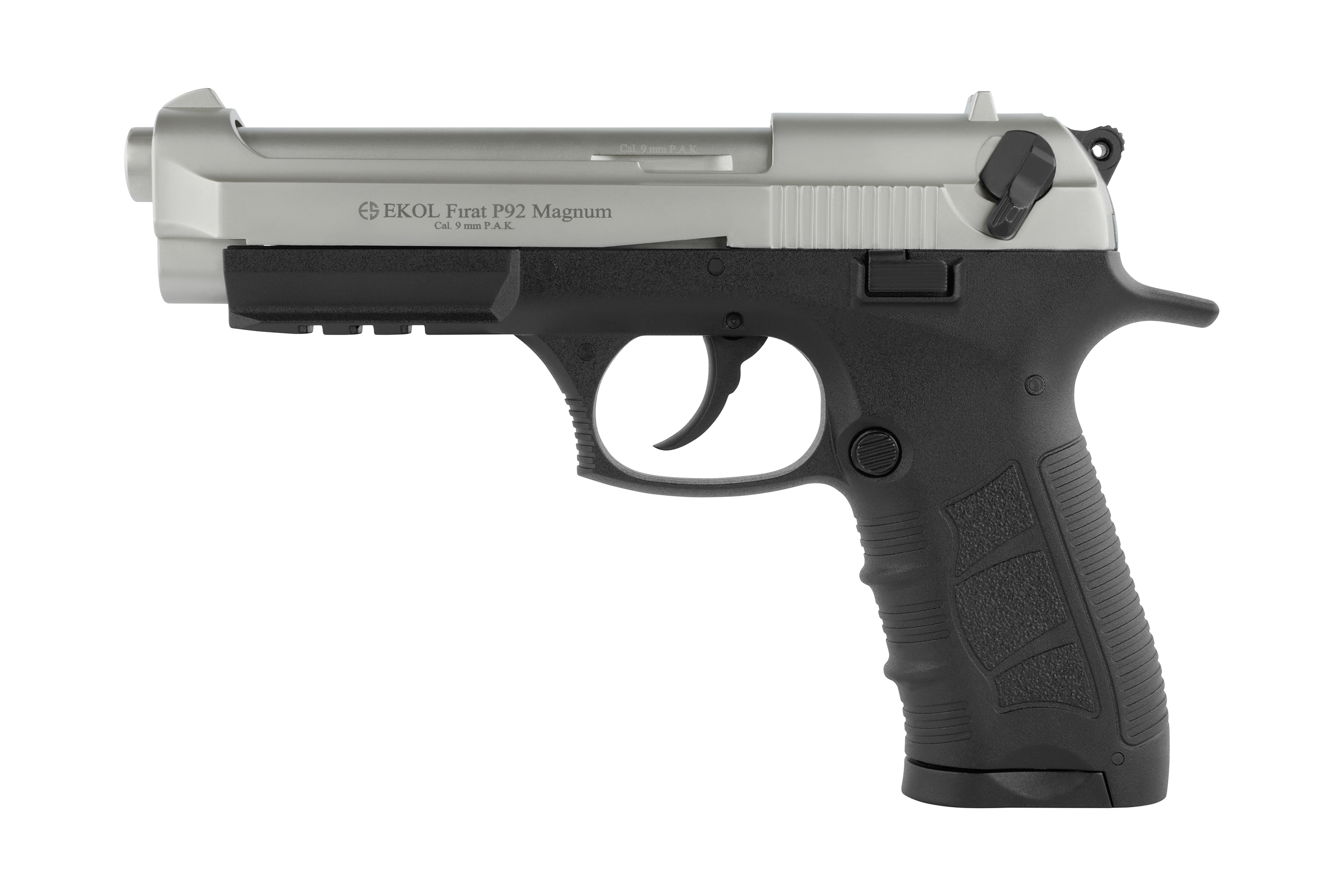 EKOL Frat P92 Magnum Luftpistole in Silber und Schwarz, mit strukturiertem Griff und verstellbarer Visierung.