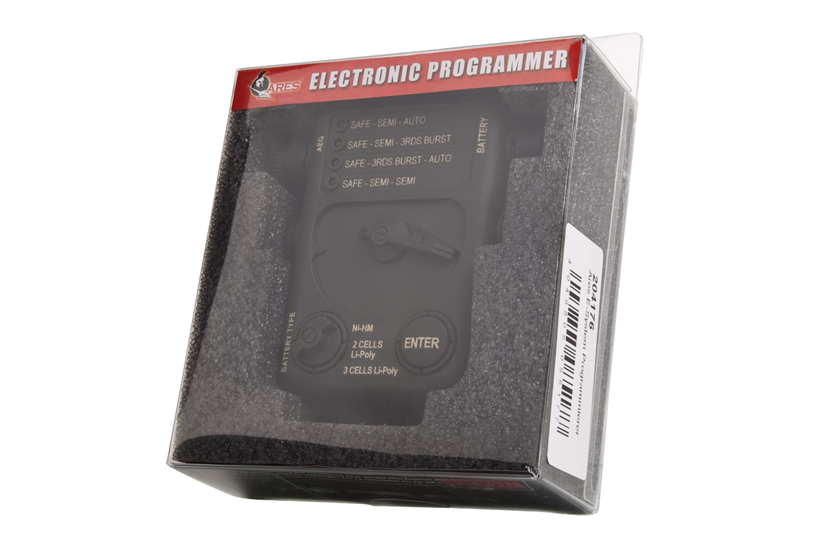 Ares elektronischer Programmierer für Airsoft-AEG-Gewehre in Originalverpackung mit wählbaren Schussmodi und Batterietypen.