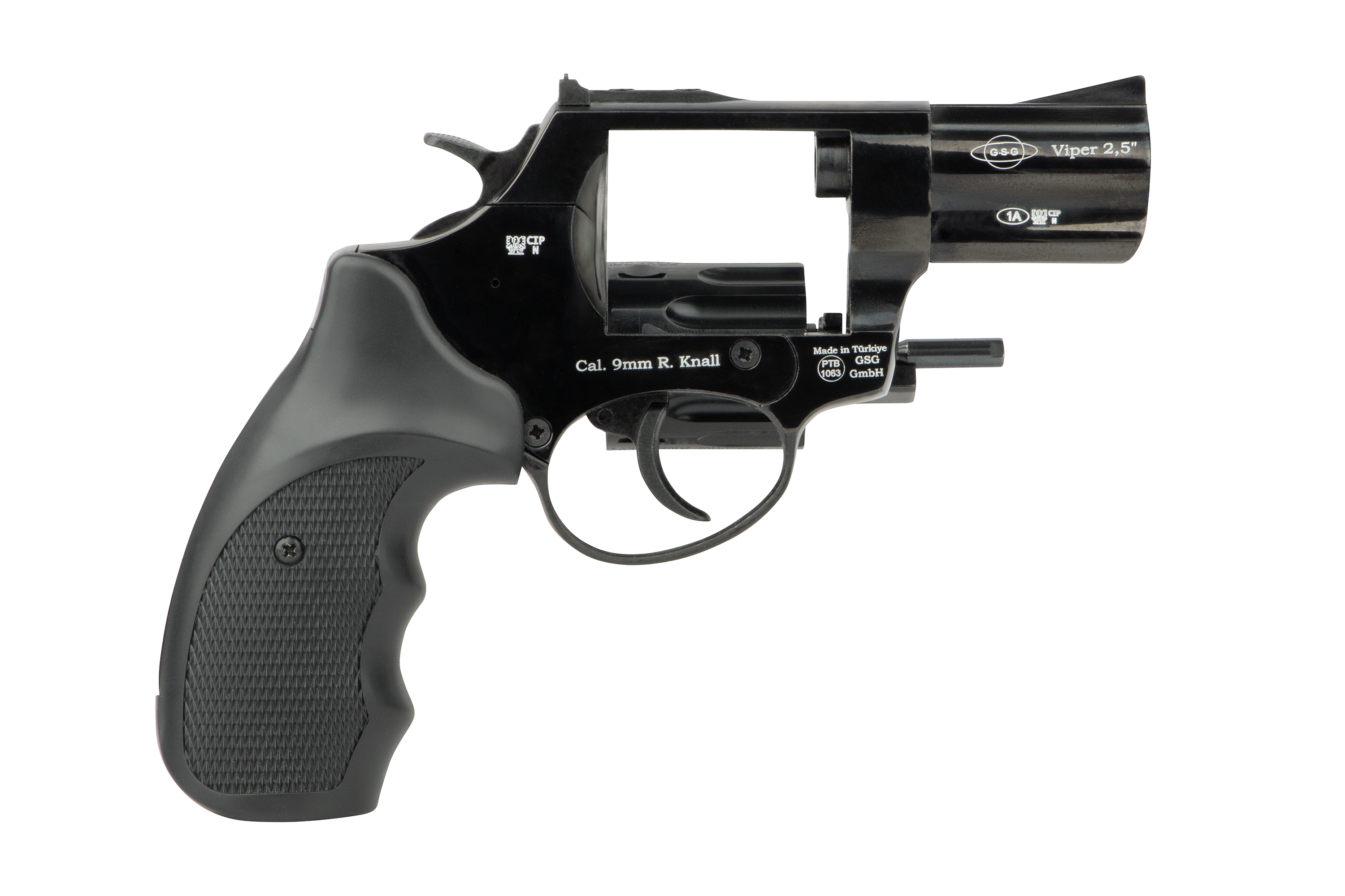 Schwarzer GSG Viper 2,5-Zoll-Schreckschussrevolver im Kaliber 9 mm R. Knall mit strukturiertem, ergonomischem Polymergriff.