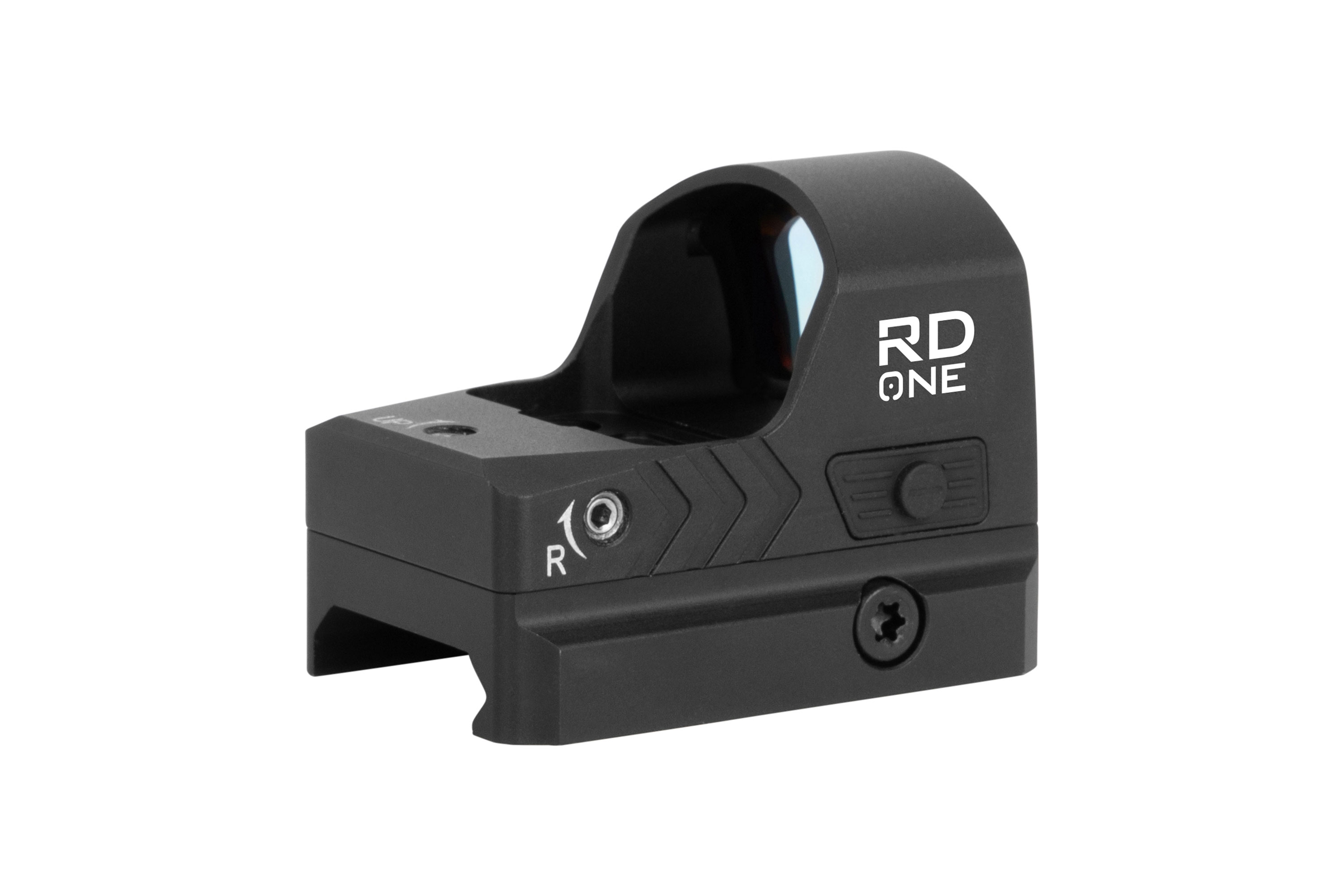 Schwarzes RD ONE-Reflex-Leuchtpunktvisier mit kompaktem, robustem Gehäuse, Einstellschrauben und Montagesockel.