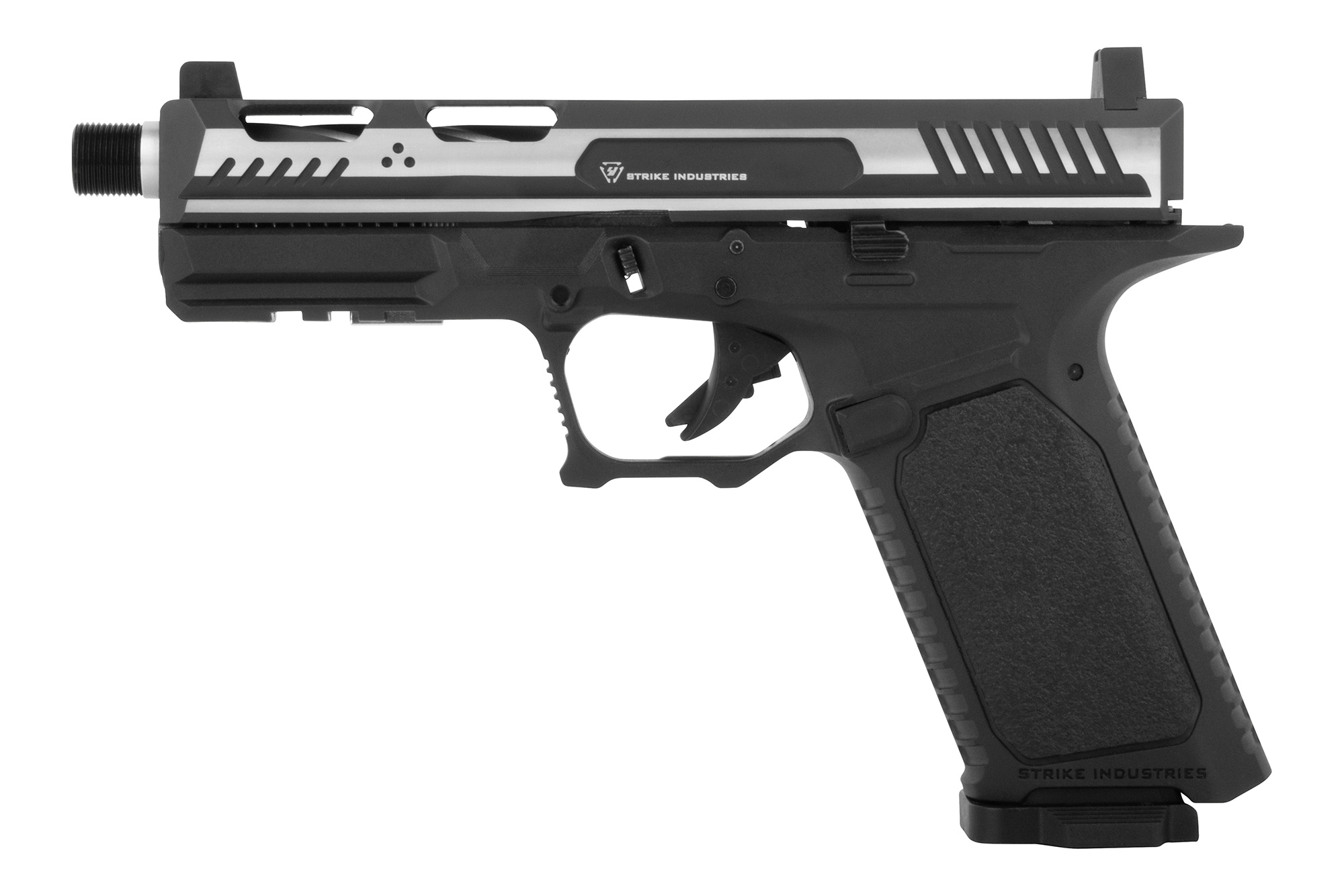 Luftpistole von Strike Industries mit elegantem Schwarz-Silber-Design, strukturiertem Griff und taktischer Schiene.