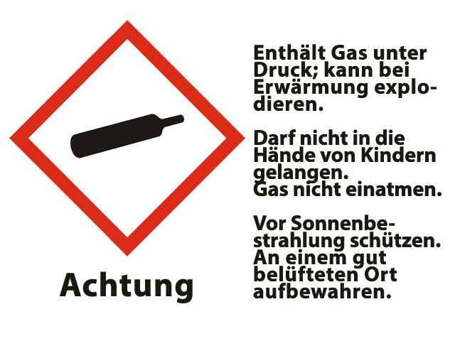 Gefahrenwarnschild für Druckgasflaschen mit Sicherheitshinweisen zu Hitze, Lagerung und Belüftung.