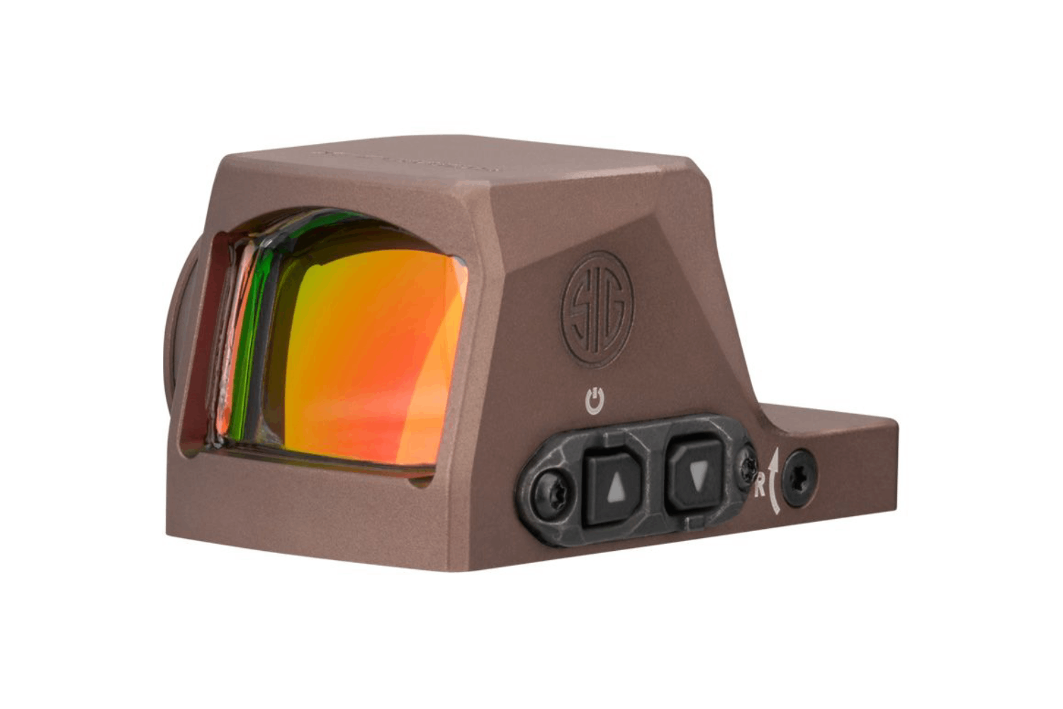 SIG Sauer ROMEO-MSR Rotpunktvisier in Bronzefarbe mit mehrfach beschichteter Linse und Bedienknöpfen.
