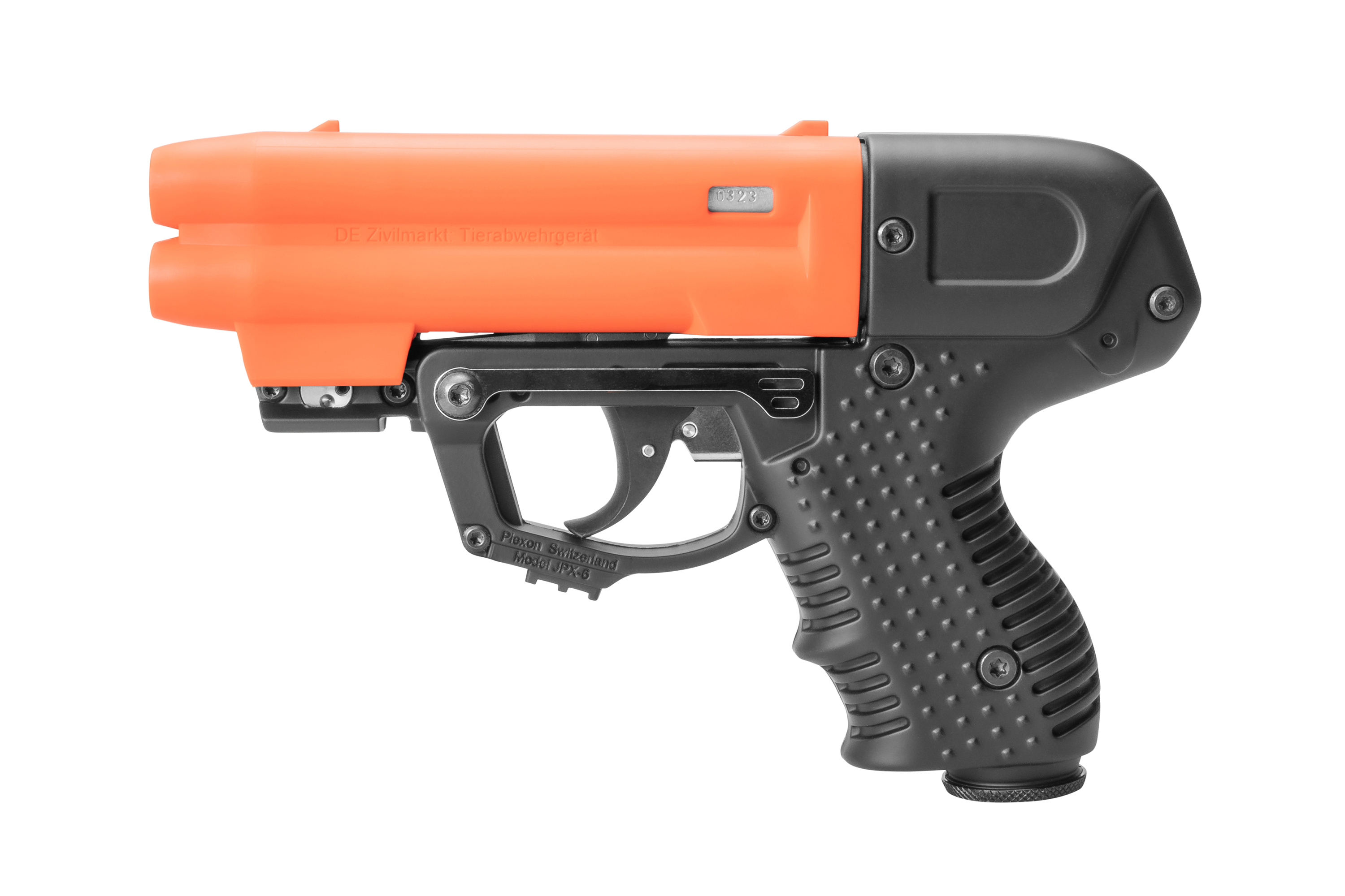 Piexon JPX-6 Pfeffersprühpistole mit leuchtend orangefarbenem Lauf und schwarz strukturiertem Griff für den effektiven Einsatz zur Tierabwehr.