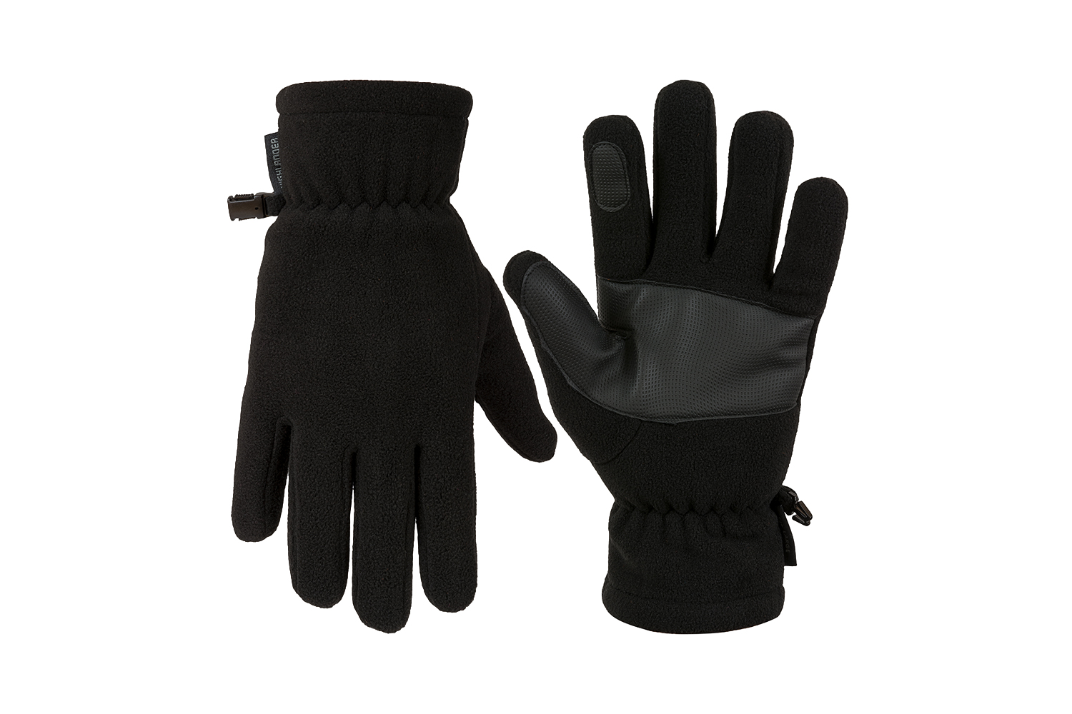 Paar schwarze Fleece-Handschuhe mit verstärktem Handflächengriff und verstellbaren Handgelenkschlaufen für taktische Outdoor-Aktivitäten.