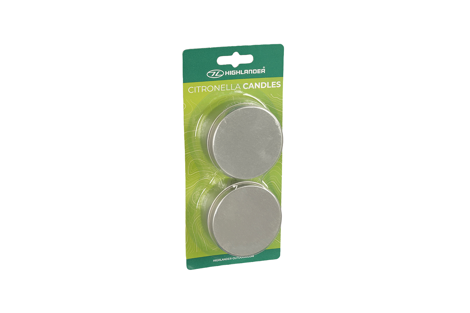 Zwei Highlander-Citronella-Kerzen in silbernen Metalldosen, verpackt auf einer grünen Papprückseite mit Logo für den Außenbereich.