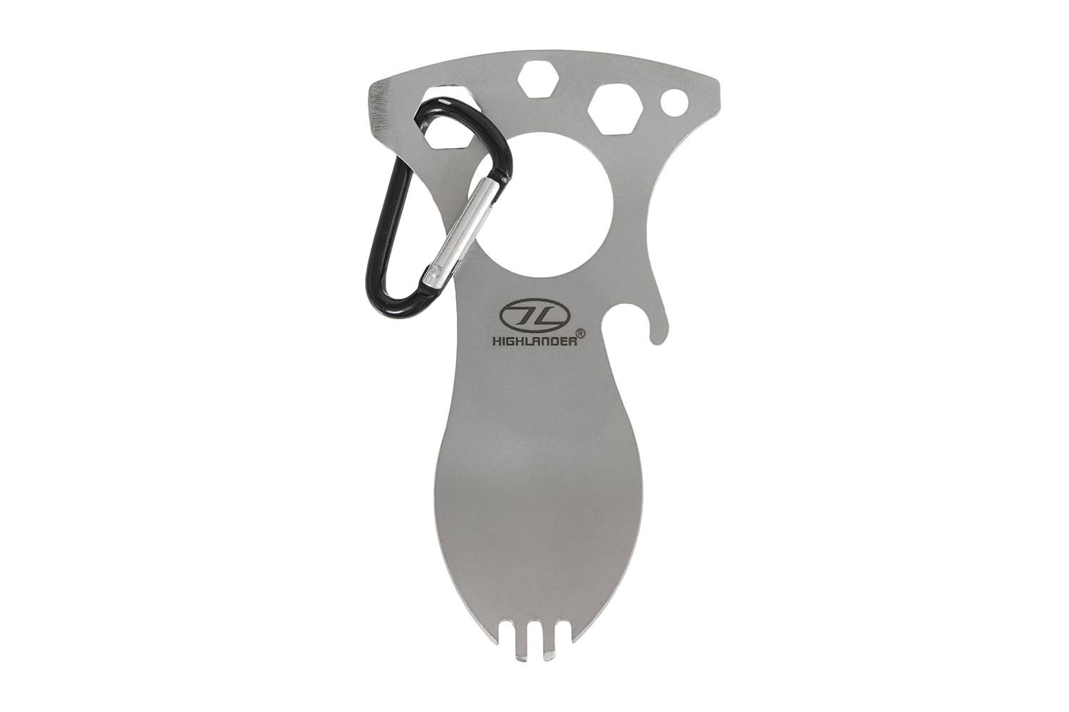 Highlander-Multitool-Göffel aus silbernem Edelstahl mit schwarzem Karabiner und verschiedenen Schlüsselausschnitten.
