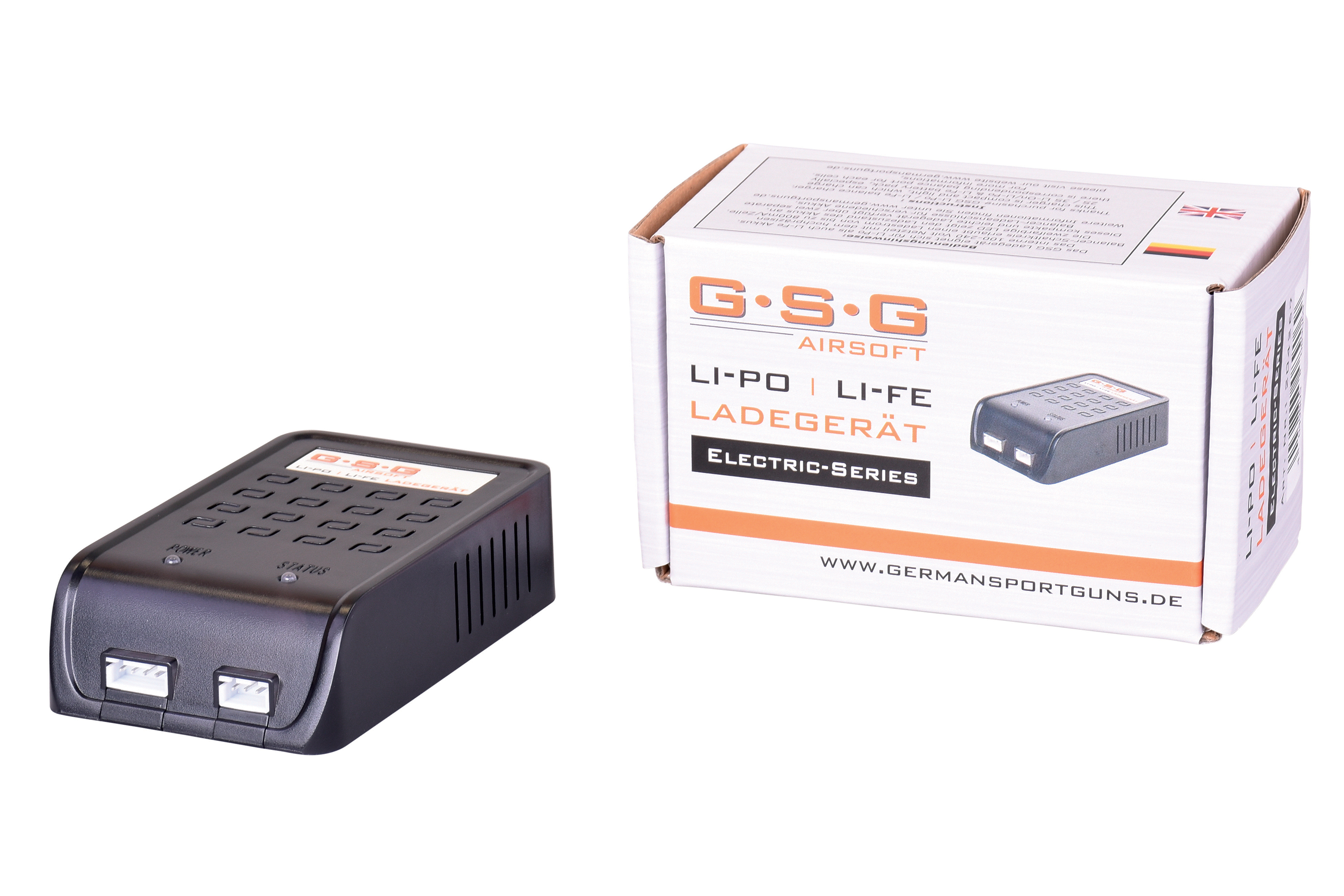 GSG Airsoft Li-Po- und Li-Fe-Akkuladegerät für elektrische Airsoft-Waffen, mit schwarzem, kompaktem Design und Box.
