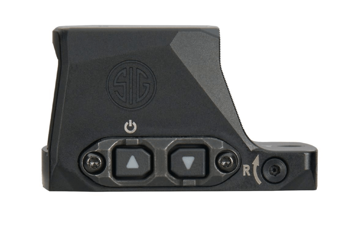 SIG Sauer Rotpunktvisier mit verstellbaren Bedienelementen, kompaktem Design und langlebigem schwarzem Finish für Schusswaffen.