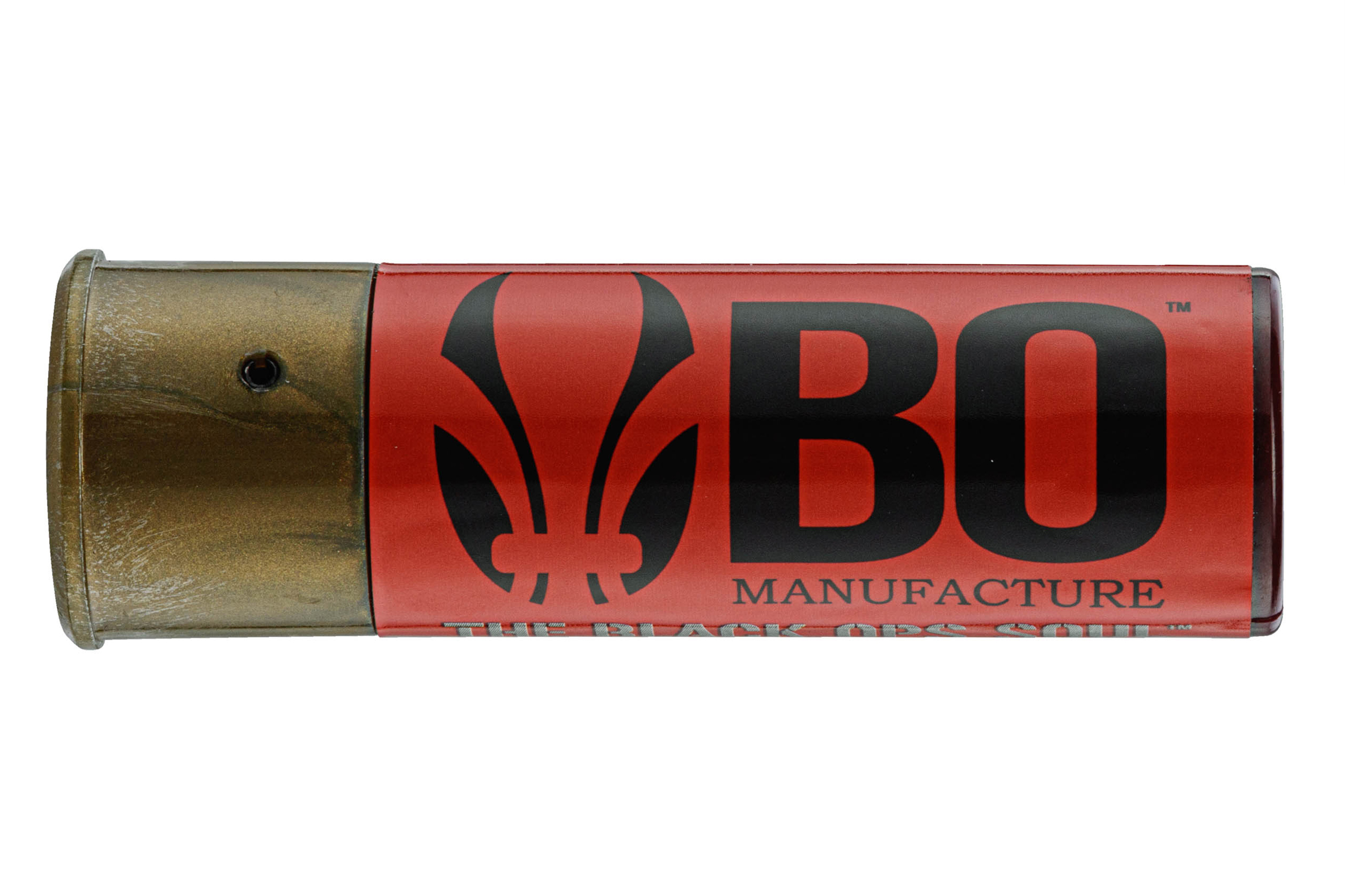 BO Manufacture Schrotflintenpatrone mit rotem Gehäuse und Messingsockel, mit schwarzem Logo für Airsoft-Schusswaffen.