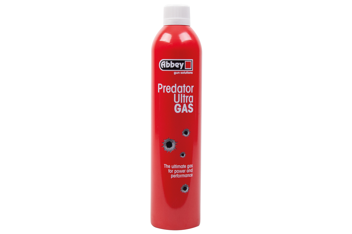 Roter Kanister mit Abbey Predator Ultra Gas für Airsoft-Waffen, mit weißem Deckel und grafischem Einschusslochdesign.