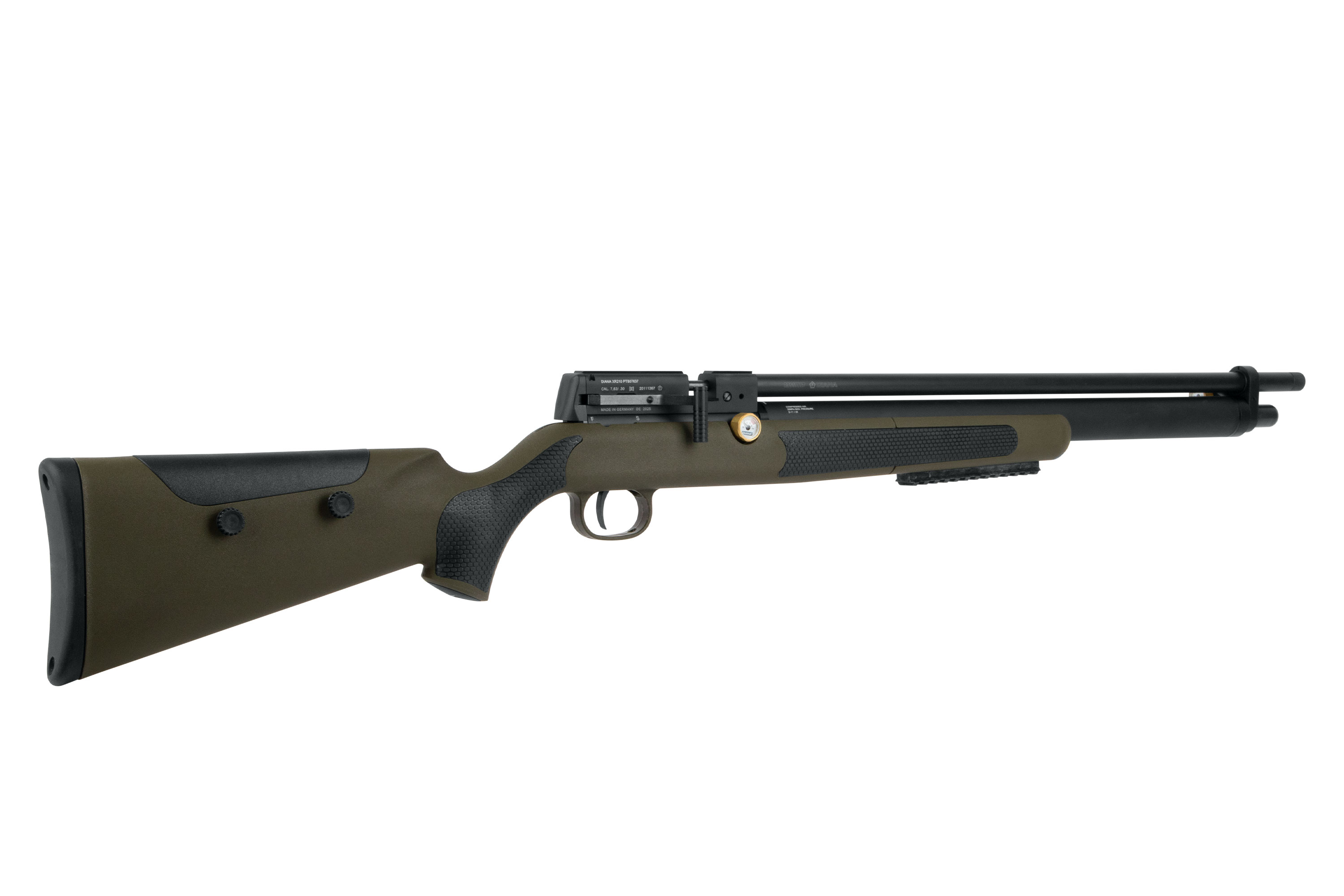 Weihrauch HW 110 K Luftgewehr in Olivgrün mit schwarzem Kunststoffschaft, strukturiertem Griff und Seitenhebelsystem.