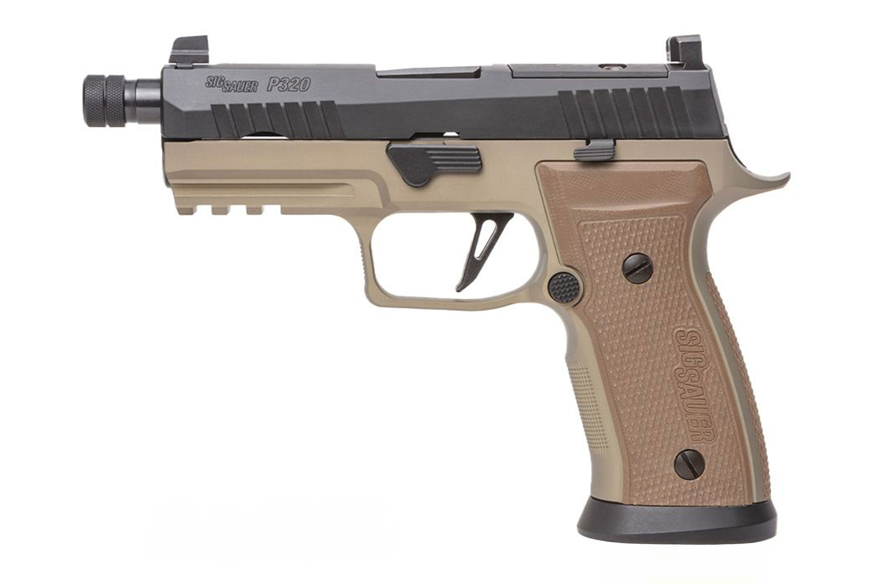 Sig Sauer P320 Luftpistole mit hellbraunem Griff und schwarzem Schlitten sowie einem Lauf mit Gewinde für Zubehör.