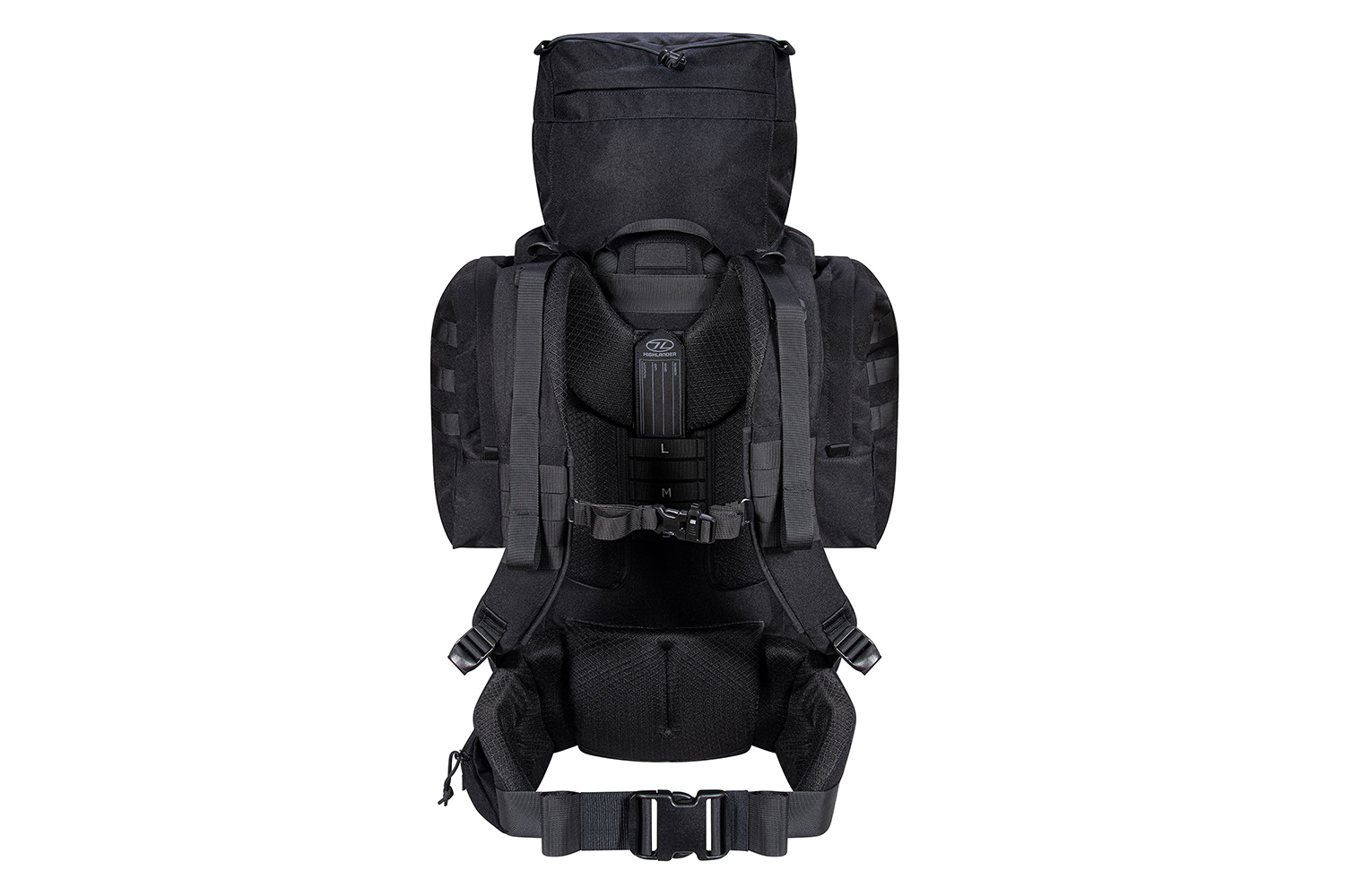 Rückansicht eines schwarzen taktischen Highlander-Rucksacks mit verstellbaren Schultergurten, gepolstertem Rücken und Hüftgurt.