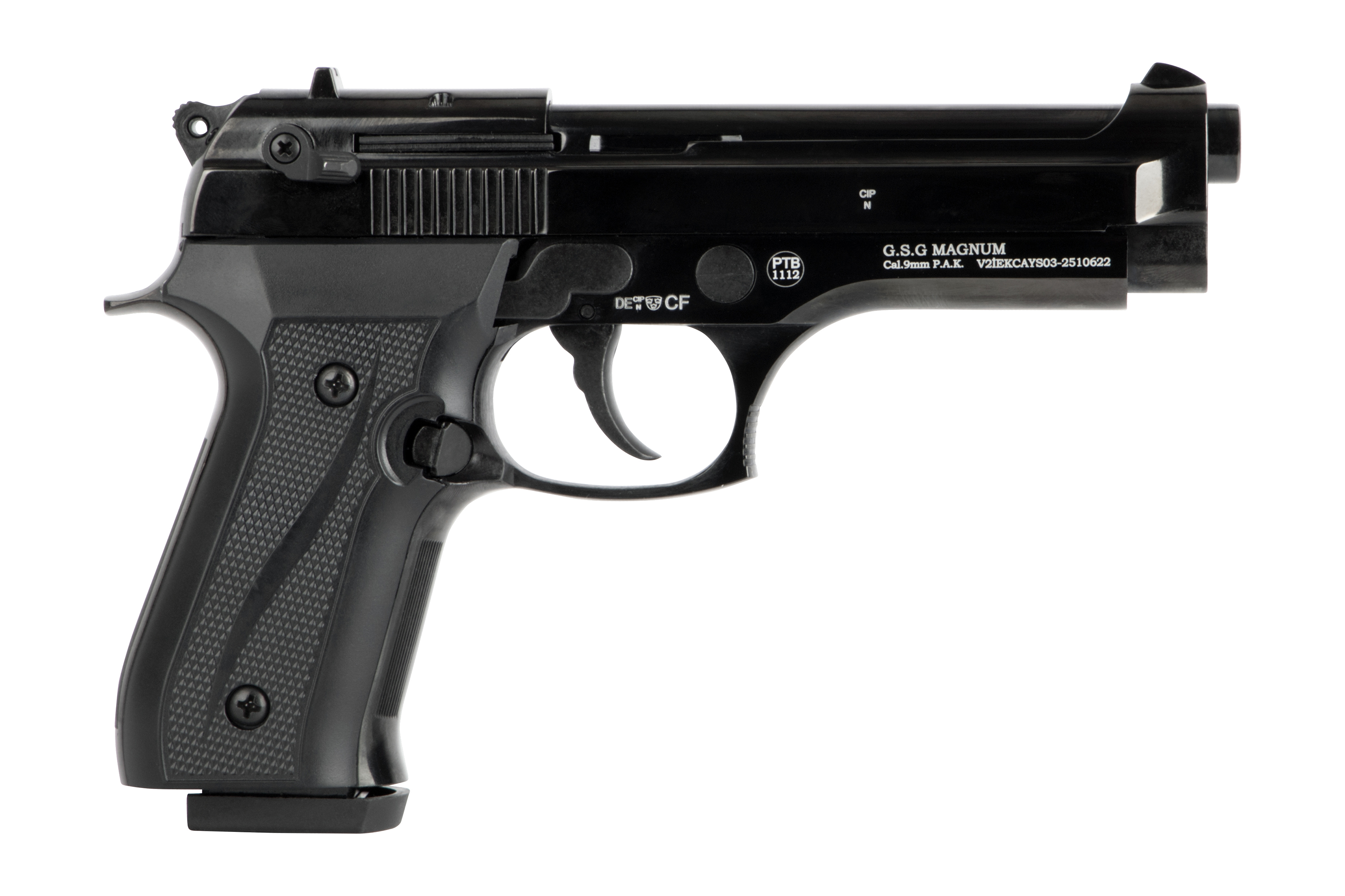 G.S.G. Magnum-Luftpistole in Schwarz mit strukturiertem Griff und detaillierten Markierungen.