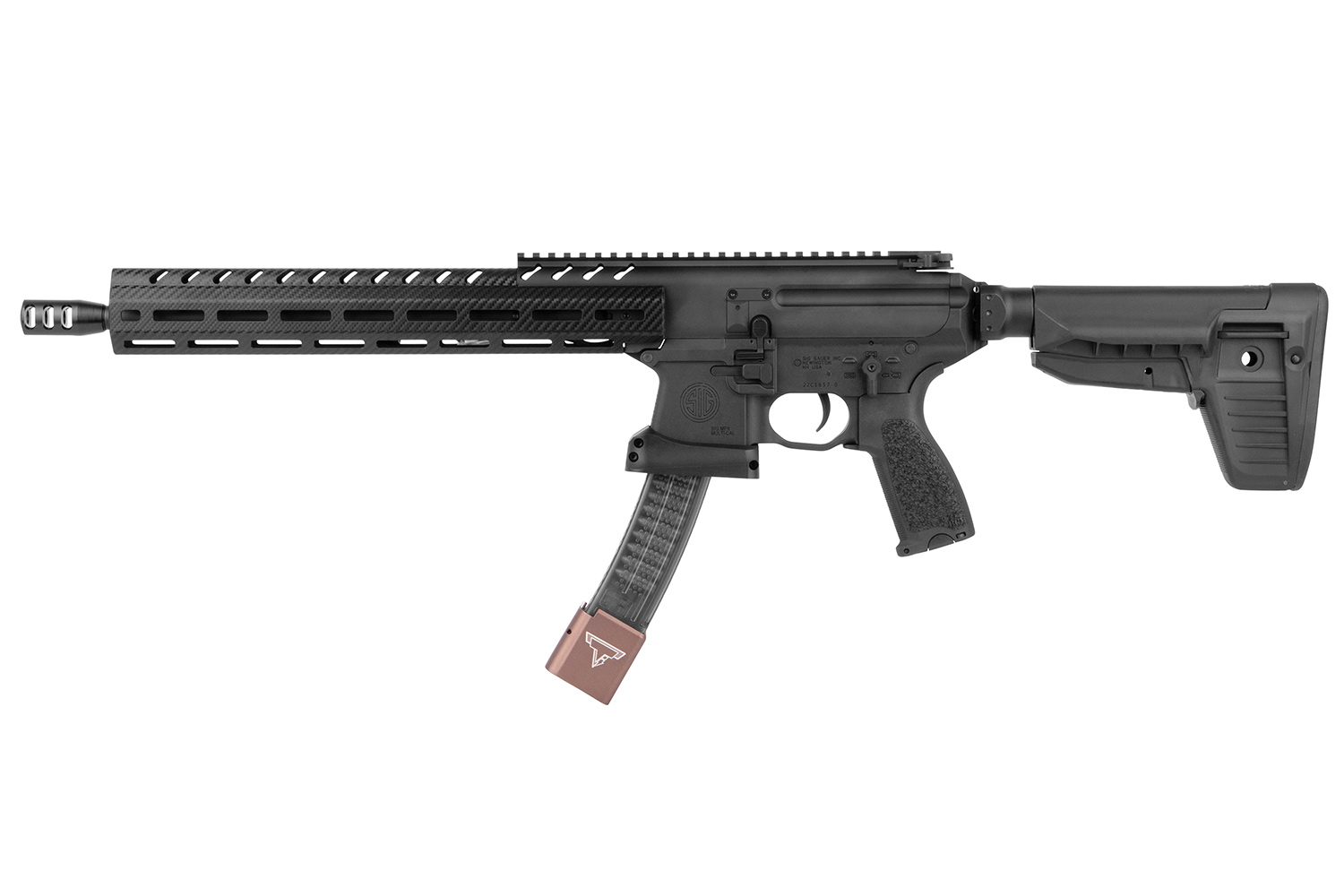 Sig Sauer MPX-Luftgewehr in Schwarz mit Carbonfaser-Handschutz, Mündungsbremse und einem Taran Tactical-Magazinbodenpolster.