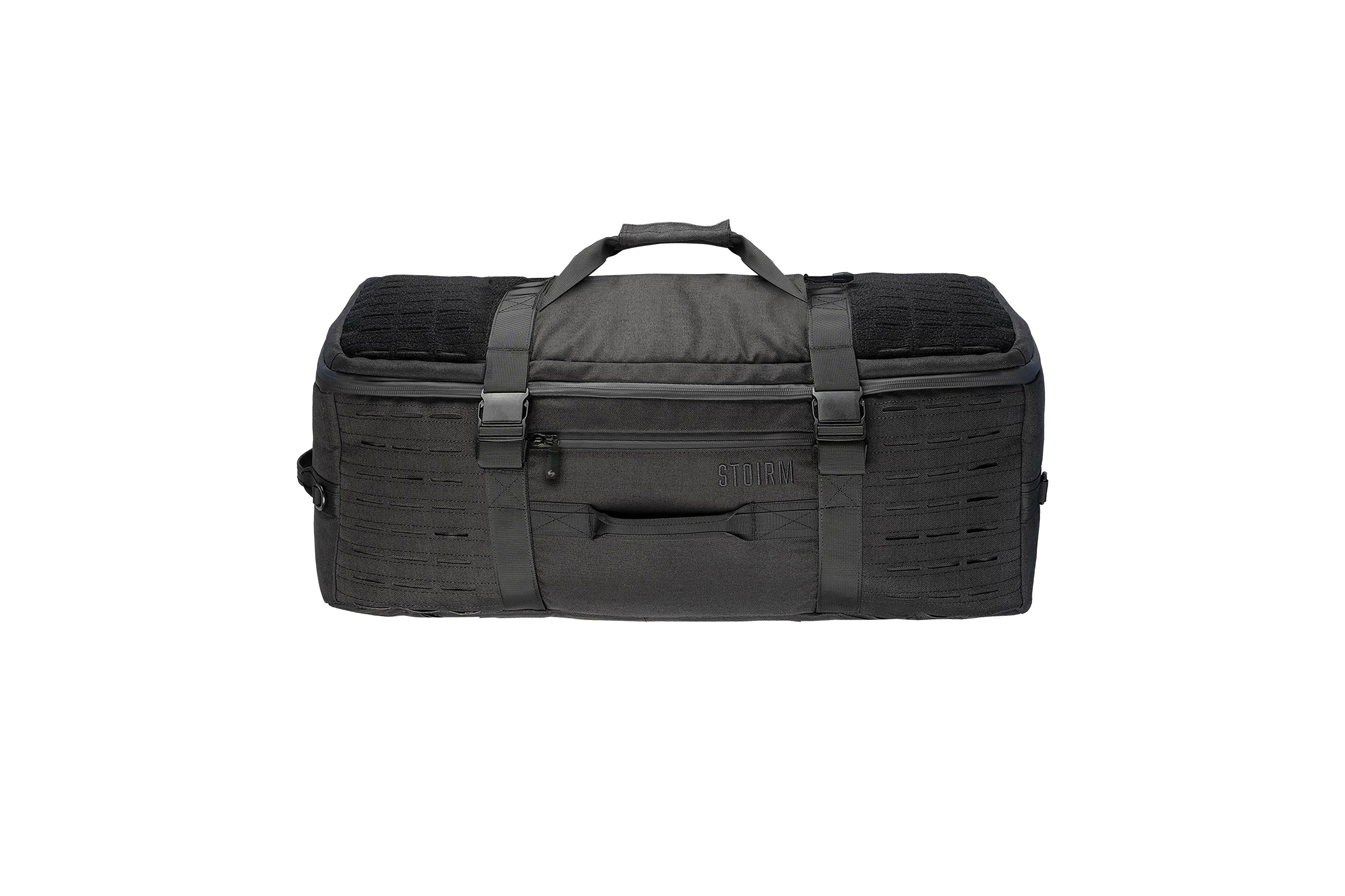Schwarze Tasche für taktische Ausrüstung von Stoirm mit MOLLE-Gurtband, strapazierfähigem Stoff, Griffen oben und sicheren Schnallenverschlüssen.