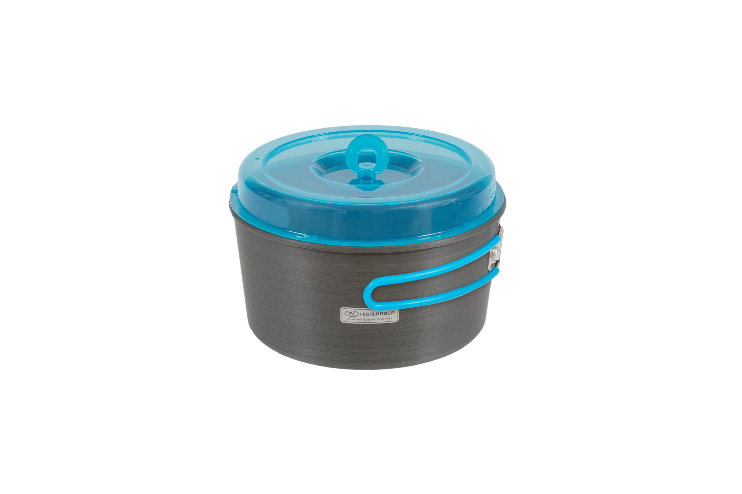 Highlander Campingtopf in Dunkelgrau mit blauem Deckel und Klappgriff, ideal zum Kochen im Freien und zur Aufbewahrung von Ausrüstung.