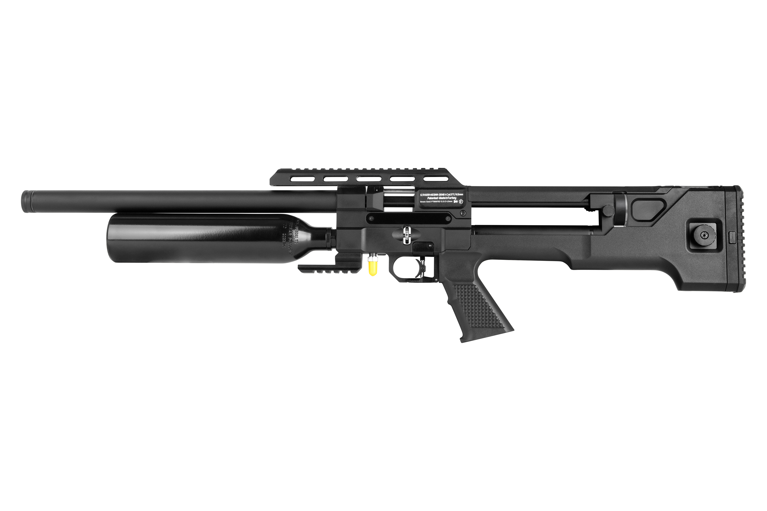 Schwarzes Luftgewehr mit schlankem Design, langem Lauf und integriertem Lufttank für mehr Leistung.
