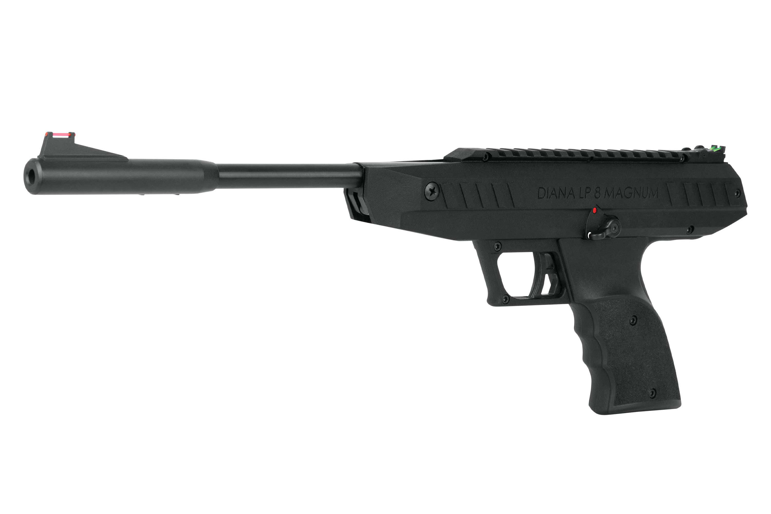 Schwarze Luftpistole Diana LP 8 Magnum mit langem Lauf, Glasfaservisierung und oberer Zubehörschiene auf weißem Hintergrund.