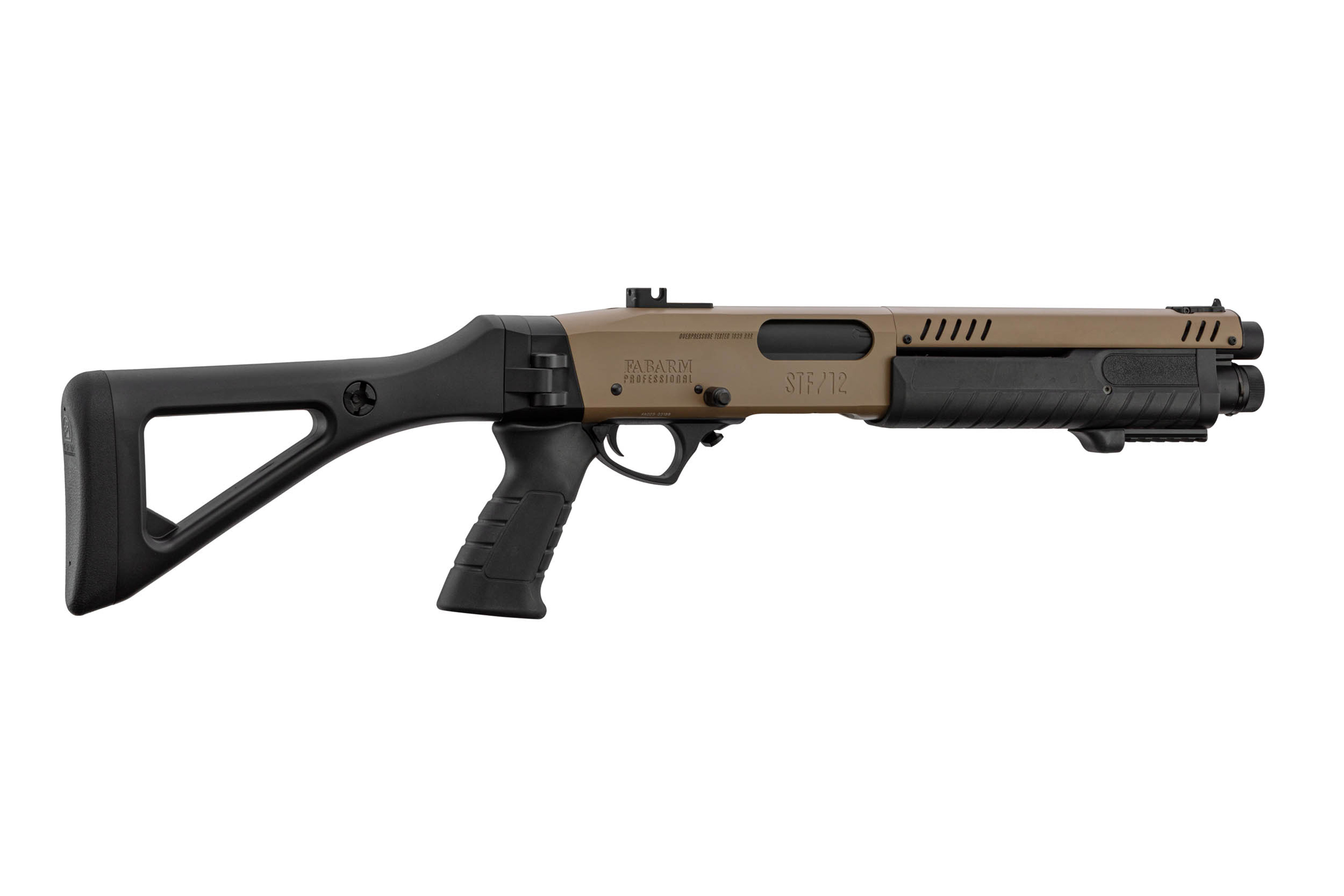 Fabarm STF/12-Schrotflinte in Hellbraun und Schwarz mit taktischem Schaft, Pistolengriff und robuster Metallkonstruktion.