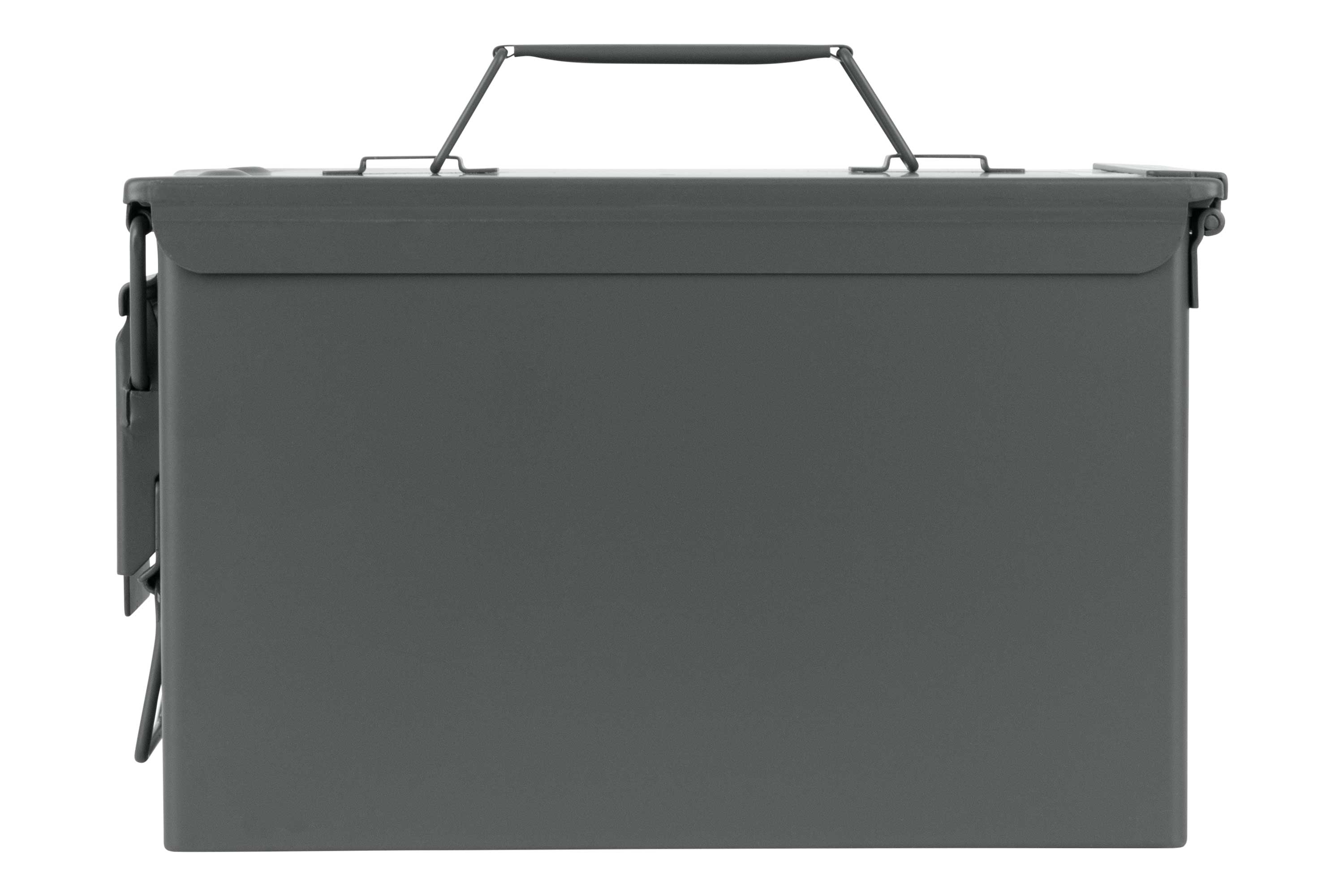 Eine robuste Aufbewahrungsbox für Munition aus grauem Metall mit stabilem Tragegriff, ideal für die sichere Aufbewahrung von Schusswaffenzubehör.
