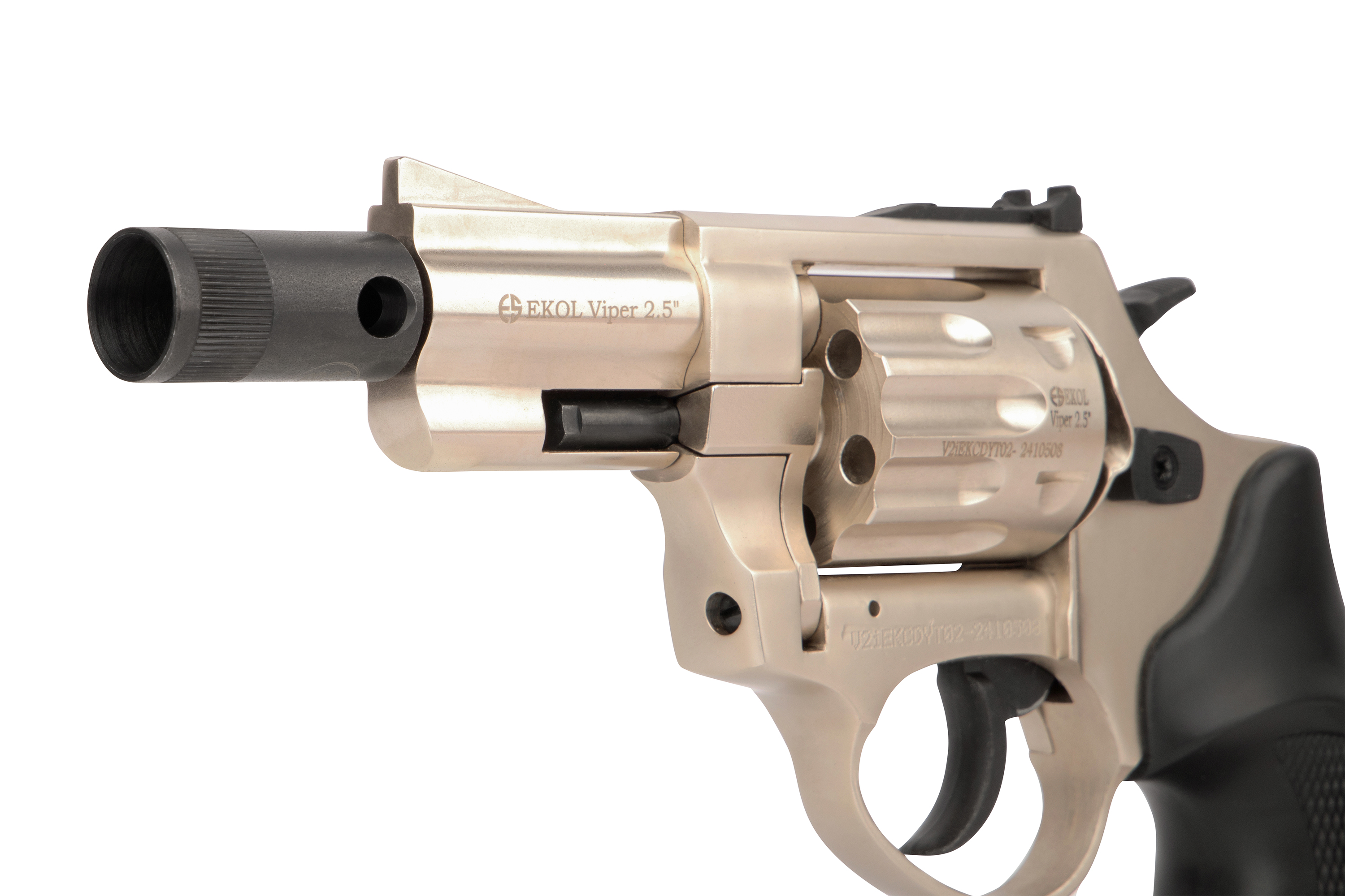Nahaufnahme eines EKOL Viper 2,5-Zoll-Schreckschussrevolvers in Metallic-Optik mit schwarzem Lauf und Griff.