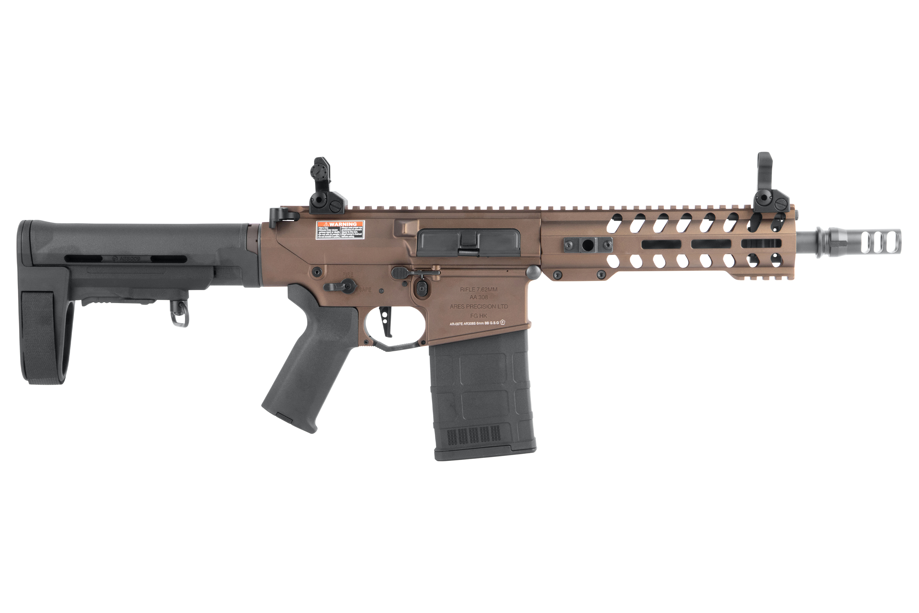 Ares Precision AA 308 Luftgewehr in Bronze und Schwarz mit modularem Handschutz, verstellbarem Schaft und Eisenvisier.