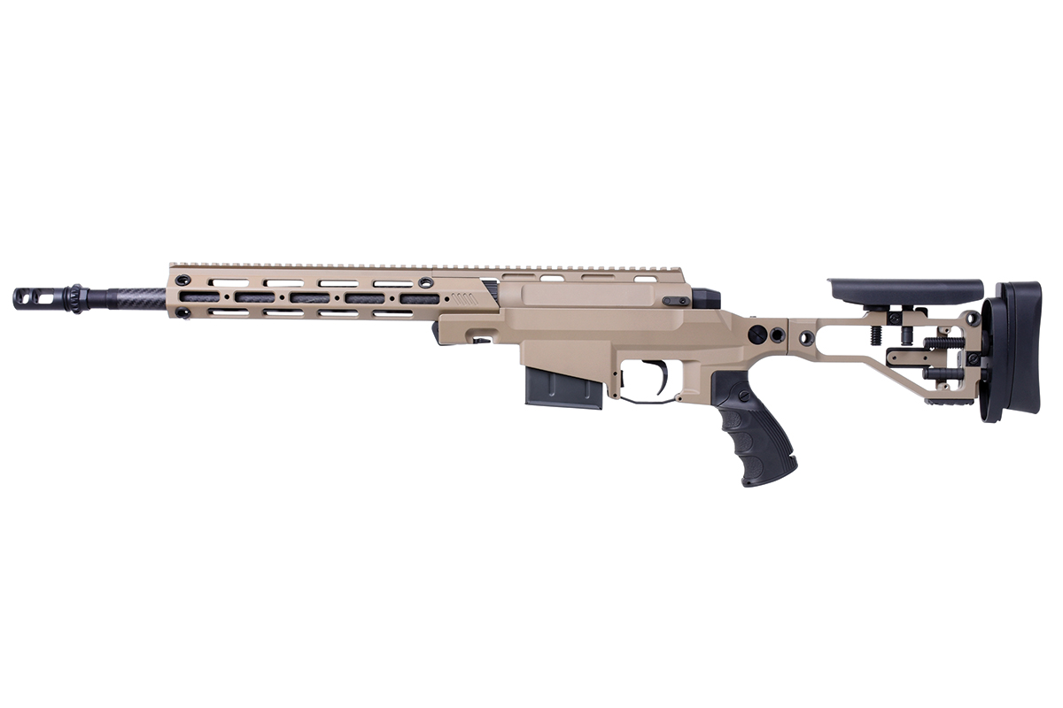 Braunes, modulares Präzisionsluftgewehr mit verstellbarem Schaft, Pistolengriff und langem, belüftetem Handschutz auf weißem Hintergrund.