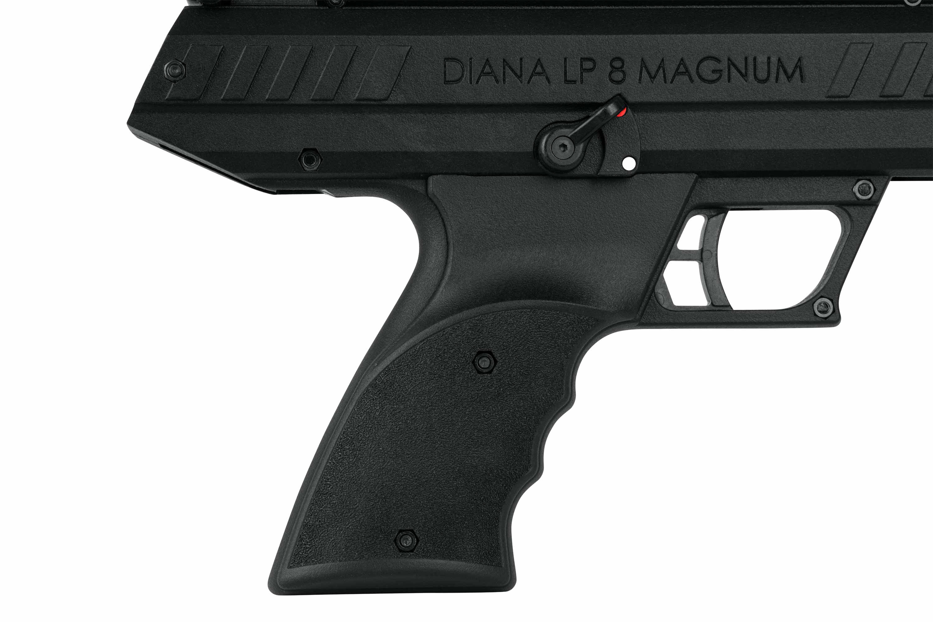 Nahaufnahme des schwarzen Polymergriffs und -rahmens einer Diana LP 8 Magnum-Luftpistole mit Sicherungshebel und Abzug.