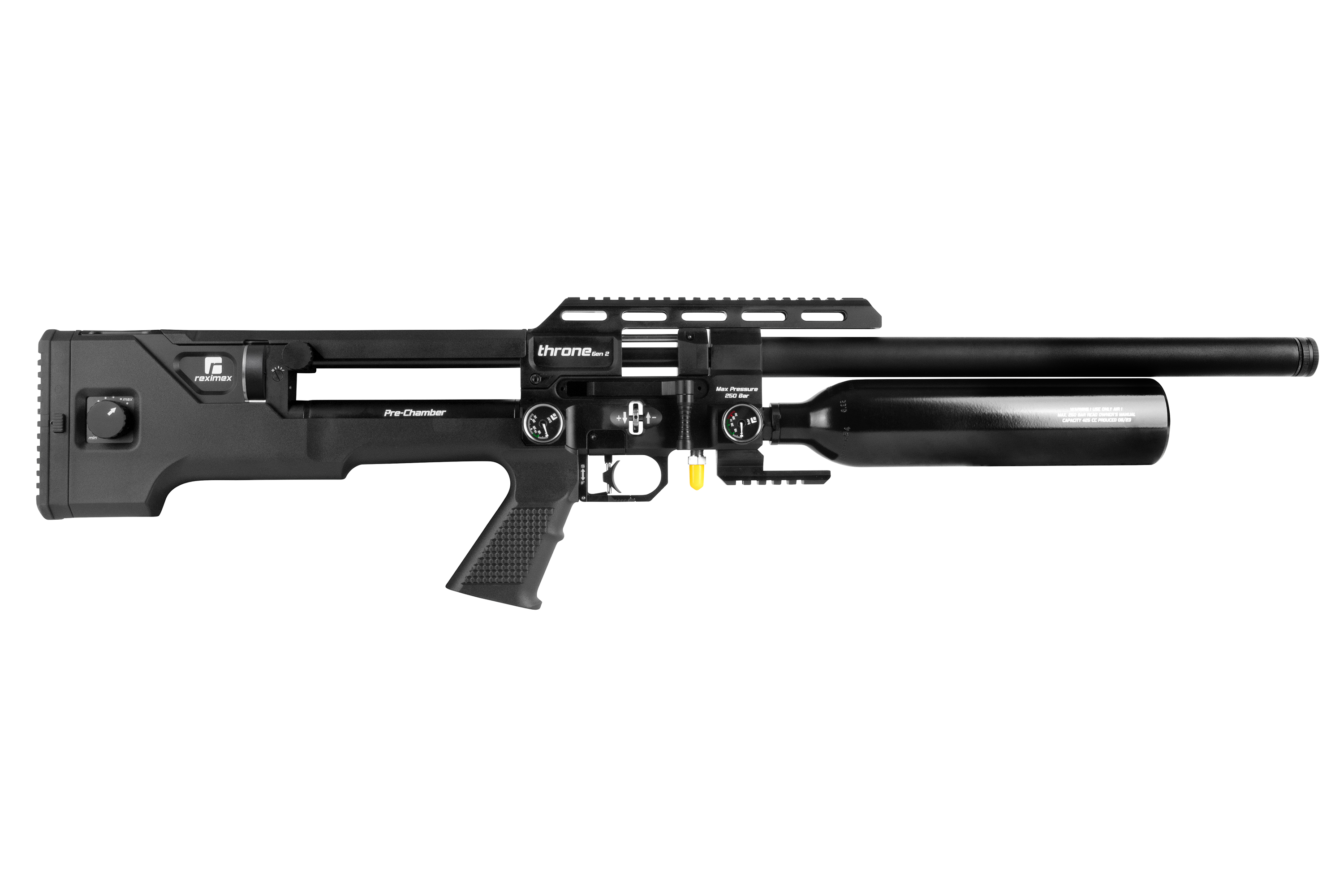 Reflex Throne Luftgewehr mit schwarzem Finish, verstellbarem Schaft und integriertem Manometer.