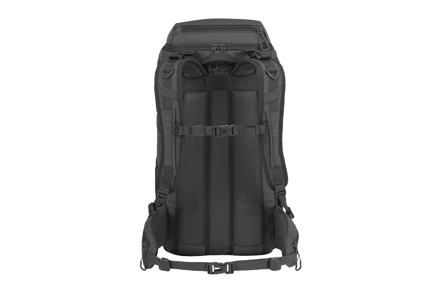 Rückansicht eines schwarzen taktischen Rucksacks mit gepolsterten Schultergurten, Netzrückwand und verstellbarem Brustgurt.
