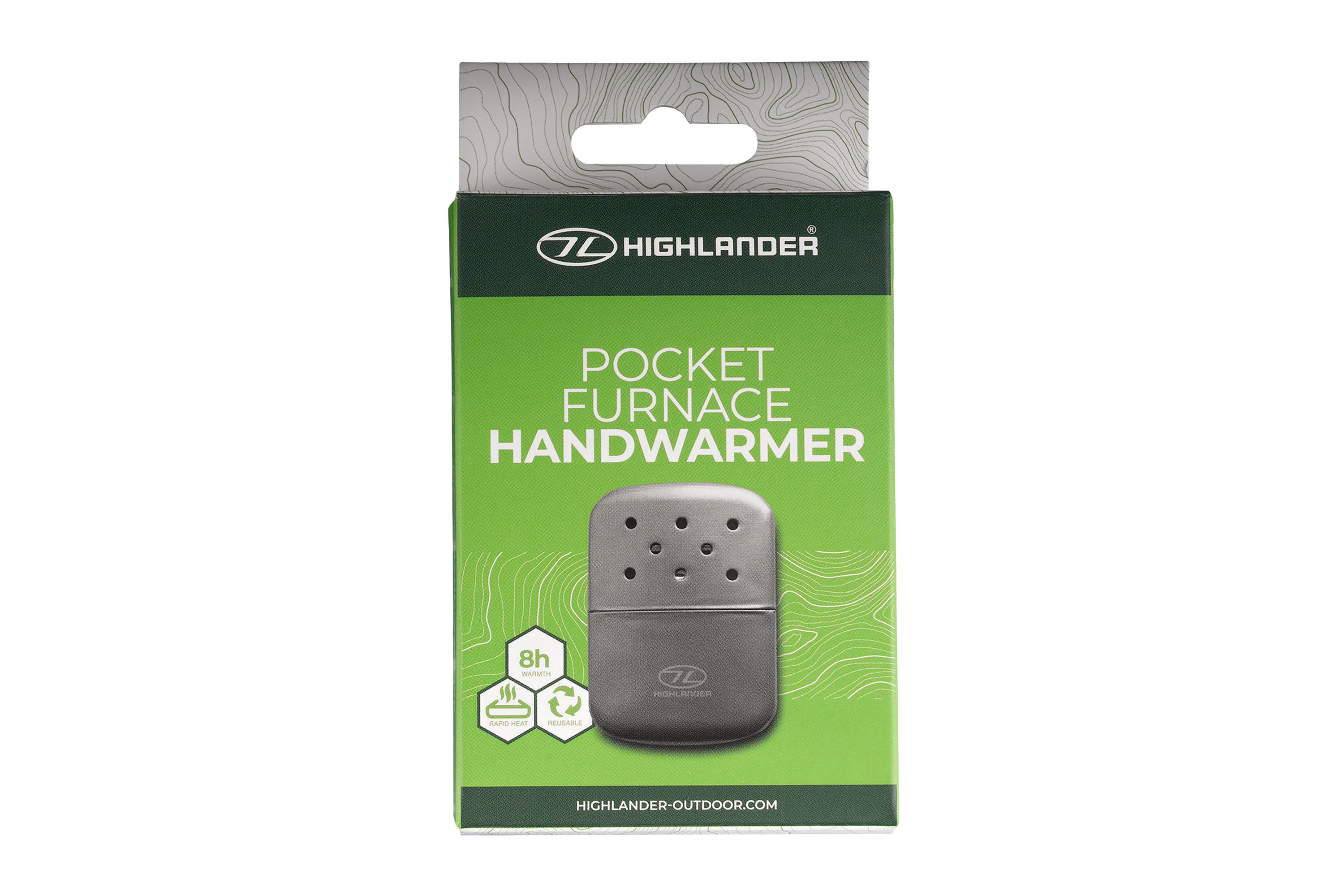 Highlander Pocket Furnace Handwärmer in grüner Einzelhandelsverpackung mit 8-stündiger Wärmedauer und wiederverwendbarem Design.