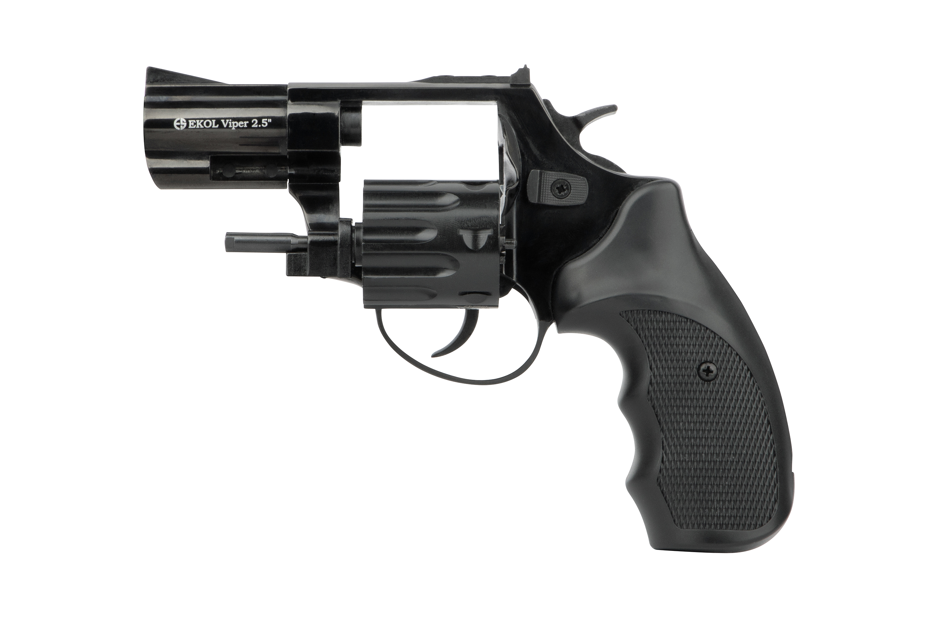 Schwarzer EKOL Viper 2,5-Zoll-Revolver mit leerem Schuss und strukturiertem Griff, isoliert auf einem sauberen weißen Hintergrund, Studioaufnahme.