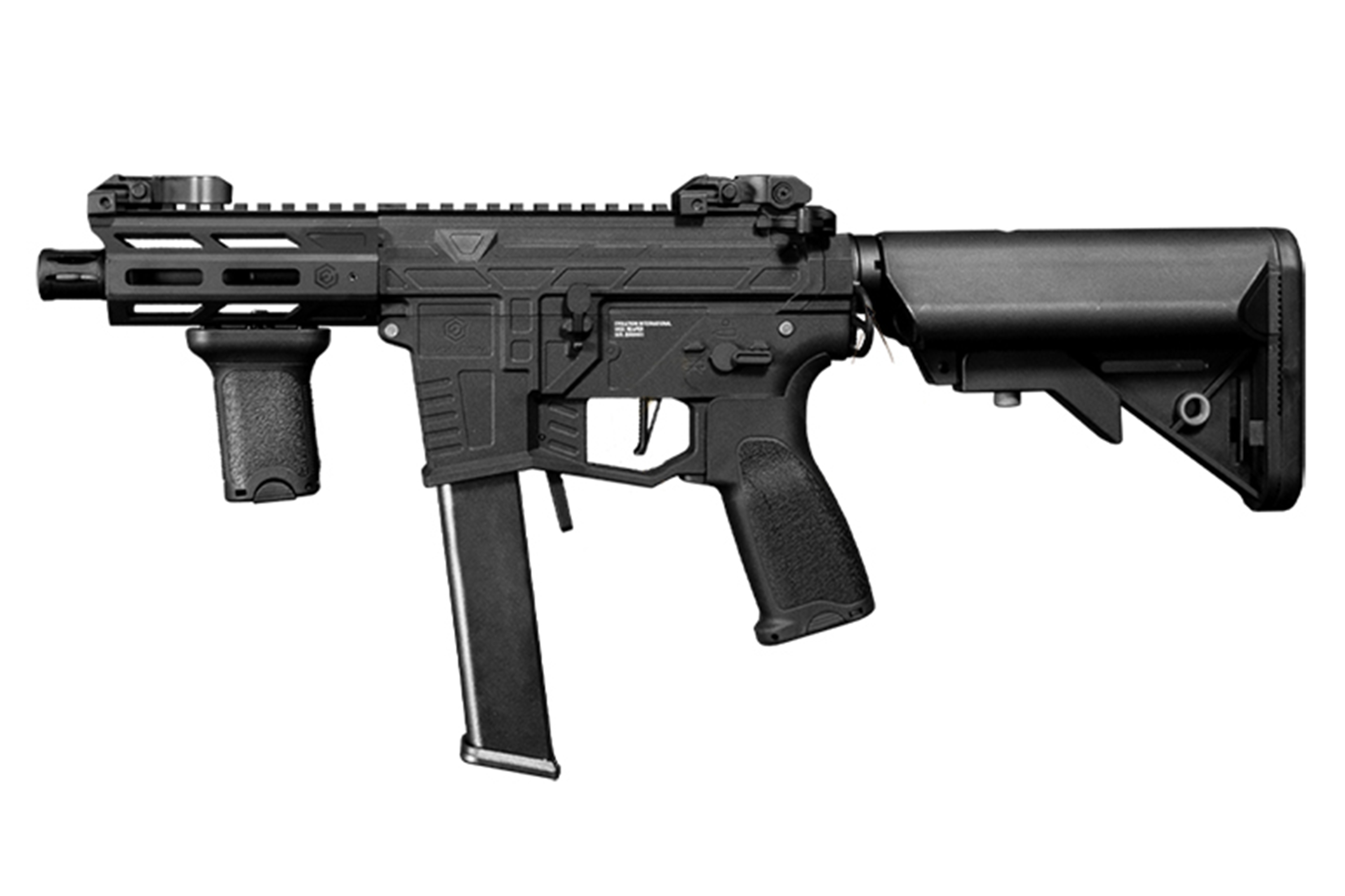Black Evolution International Airsoft-Karabiner mit kurzem Lauf, vertikalem Vordergriff und verstellbarem Schaftdesign.