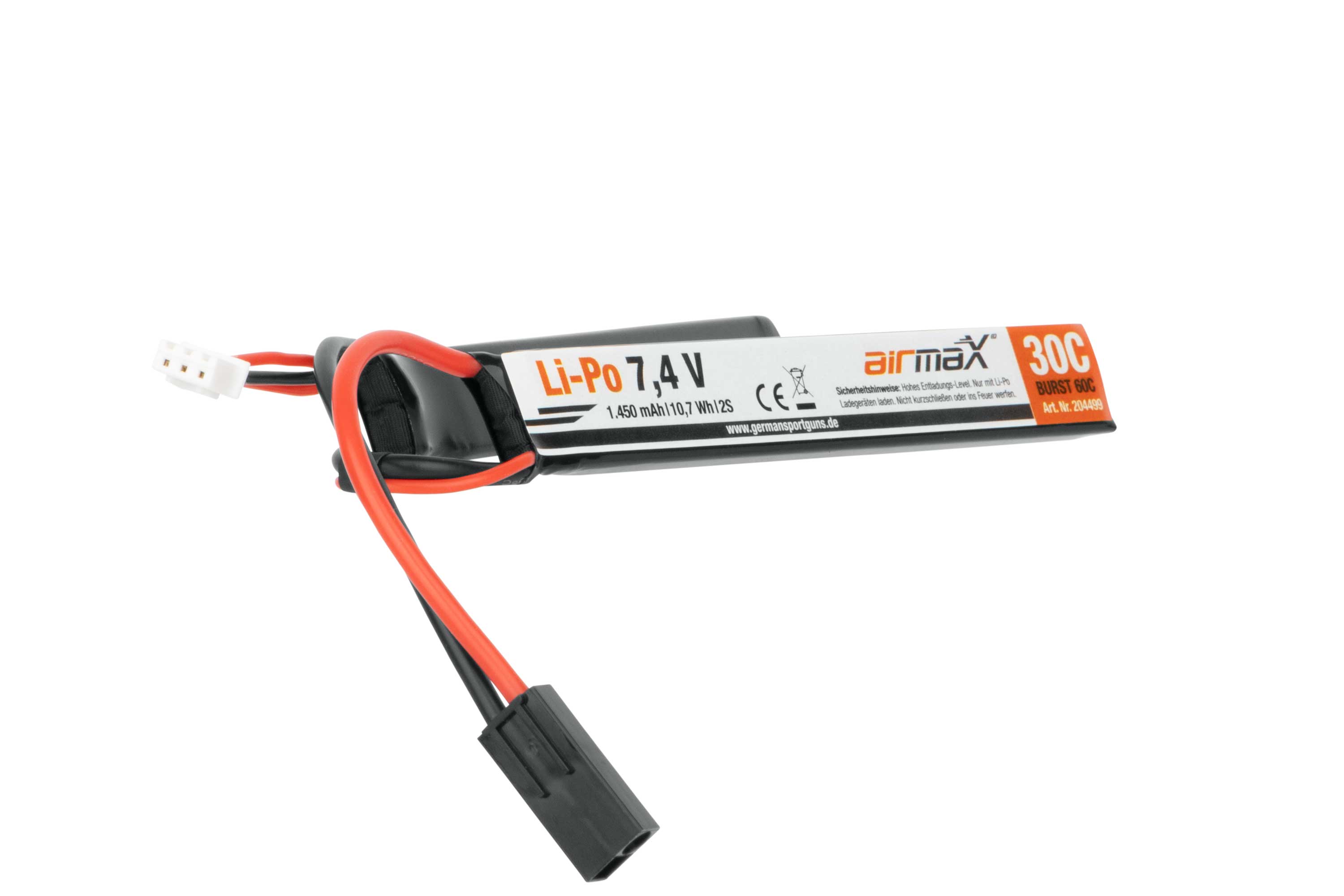 Airmax 7,4 V 1450 mAh Li-Po-Akku für Airsoft-Waffen, mit einer Entladungsrate von 30 °C und schwarzem rechteckigem Design.