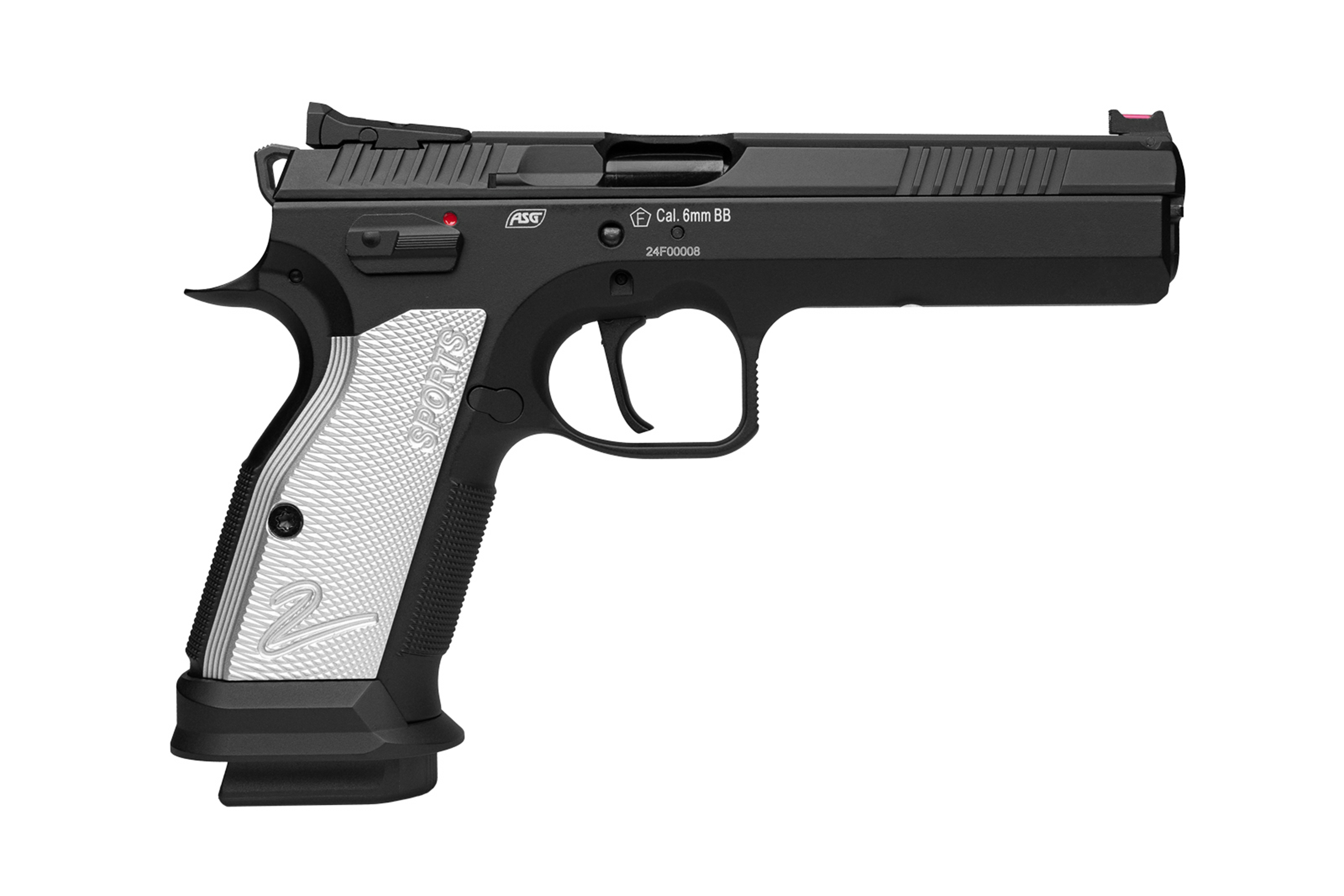 ASG Sports Luftpistole in Schwarz und Silber mit ergonomischem Griff und 6-mm-BB-Kaliber.