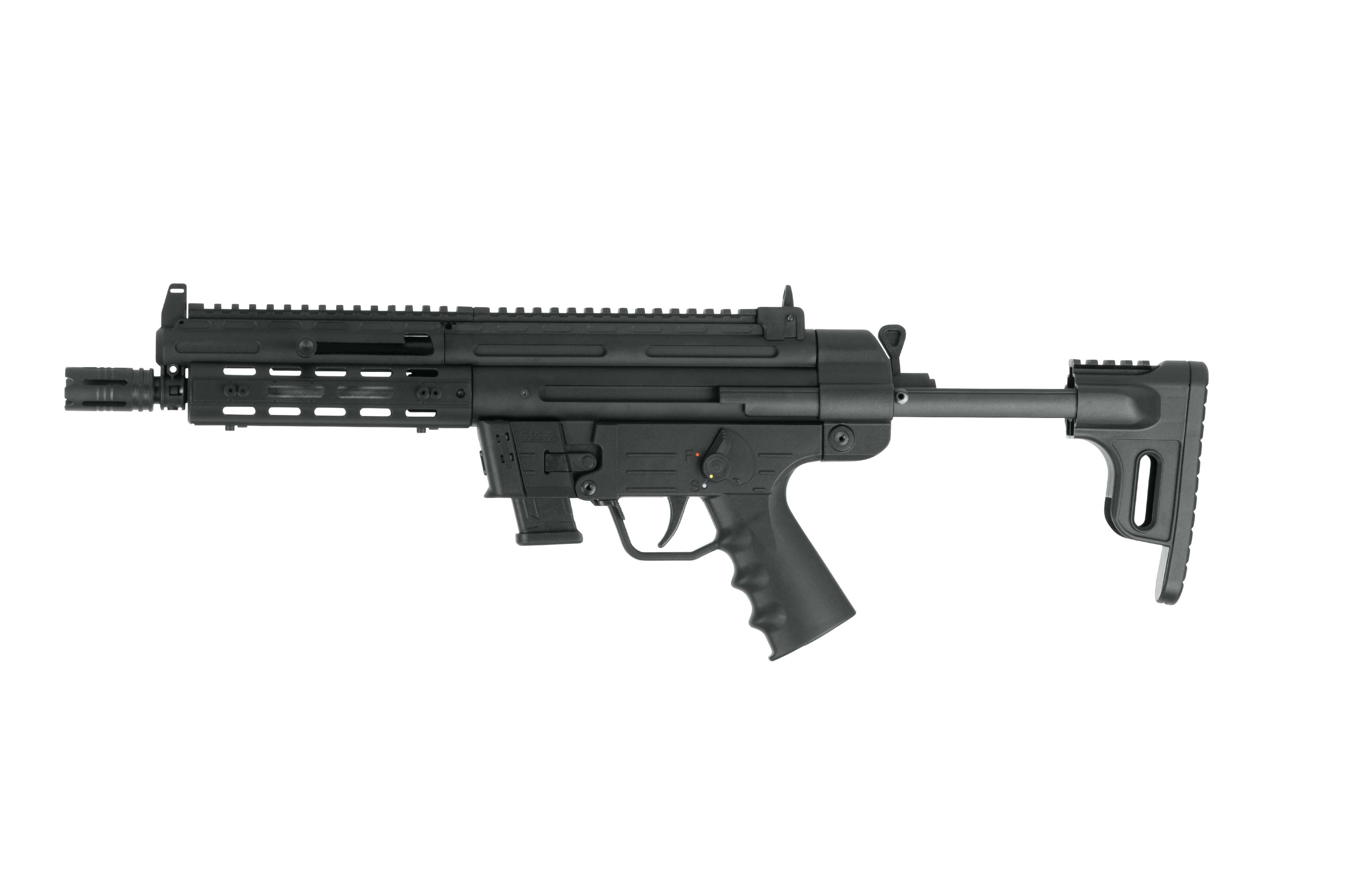 Schwarzes Luftgewehr mit taktischem Handschutz, Oberschiene, ergonomischem Pistolengriff und verstellbarem Schaft auf weißem Hintergrund.