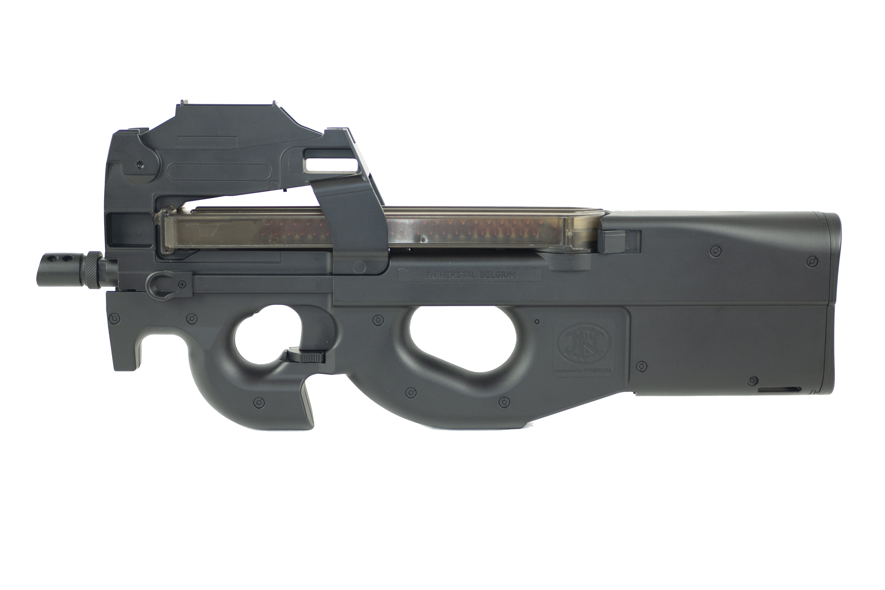 Schwarze FN Herstal P90 Airsoft-Maschinenpistole mit durchsichtigem Magazin und kompaktem Bullpup-Designprofil.
