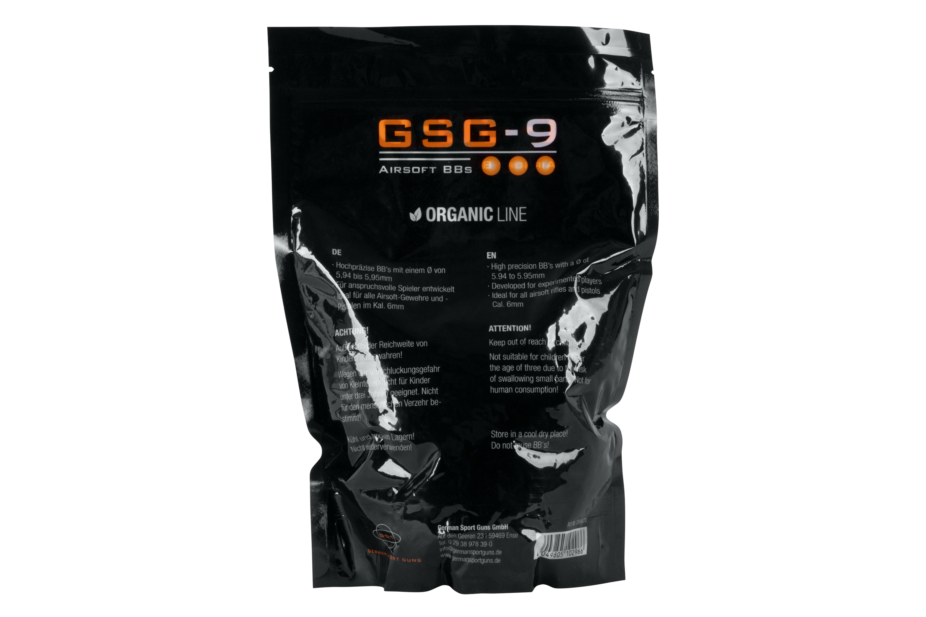 GSG-9 Organic Line Airsoft BBs in einer schwarzen Tasche, Präzision 5,94 bis 5,95 mm, ideal für Airsoft-Gewehre und -Pistolen.
