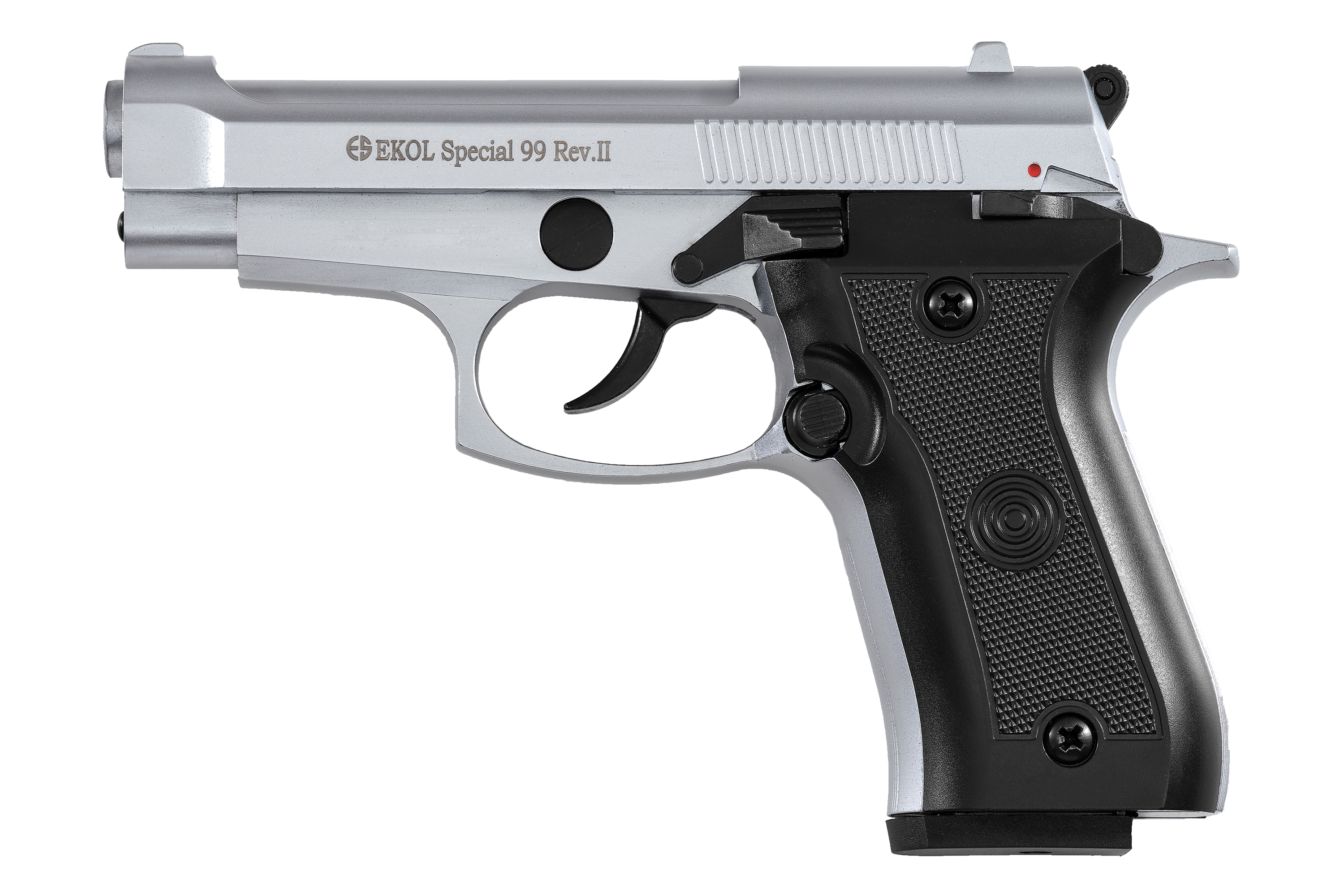 Silberne und schwarze EKOL Special 99 Rev.II Schreckschusspistole mit strukturiertem Griff, isoliert auf weißem Hintergrund.
