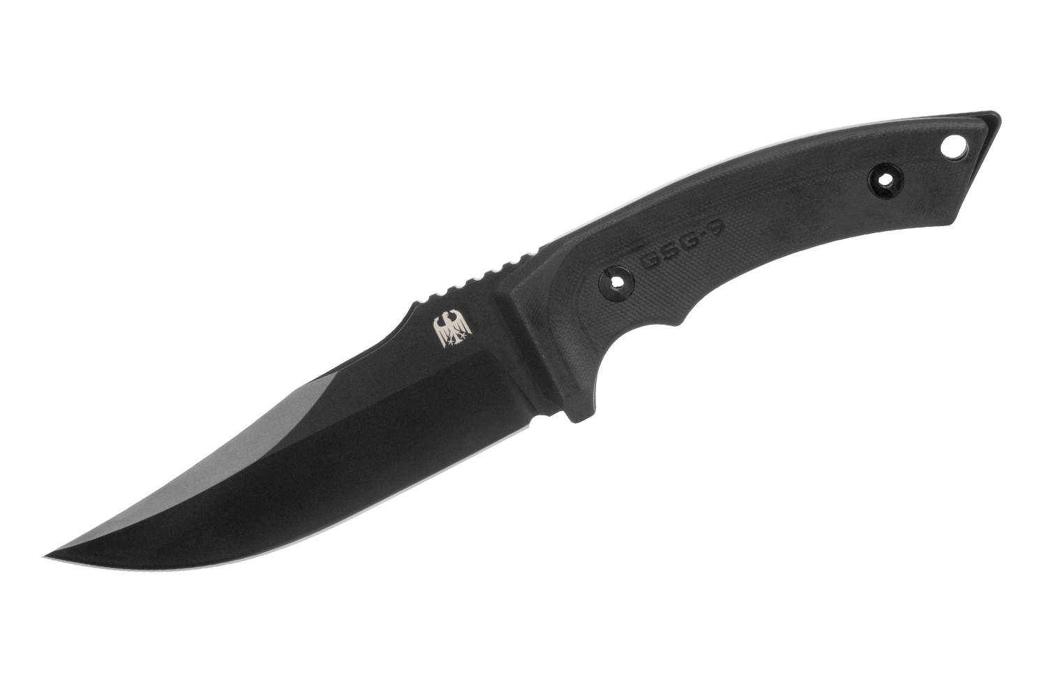Schwarzes taktisches GSG-9-Messer mit feststehender Klinge, robustem Polymergriff und scharfer Drop-Point-Stahlklinge für den Außenbereich.