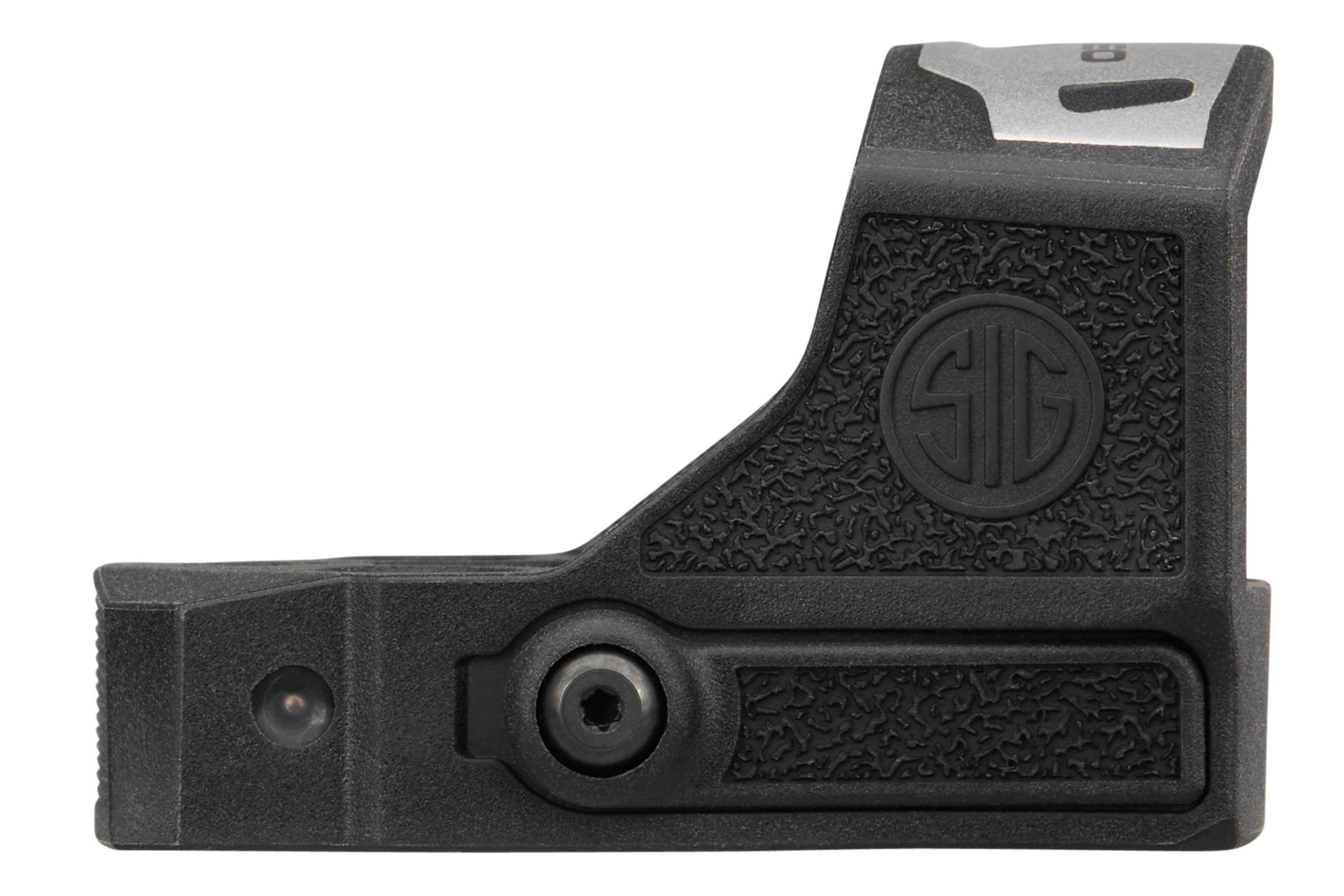 Schwarze Sig Sauer Romeo1 Pro-Stahlschutzabdeckung für Red-Dot-Optik, Seitenansicht mit strukturierter Oberfläche und Logo.