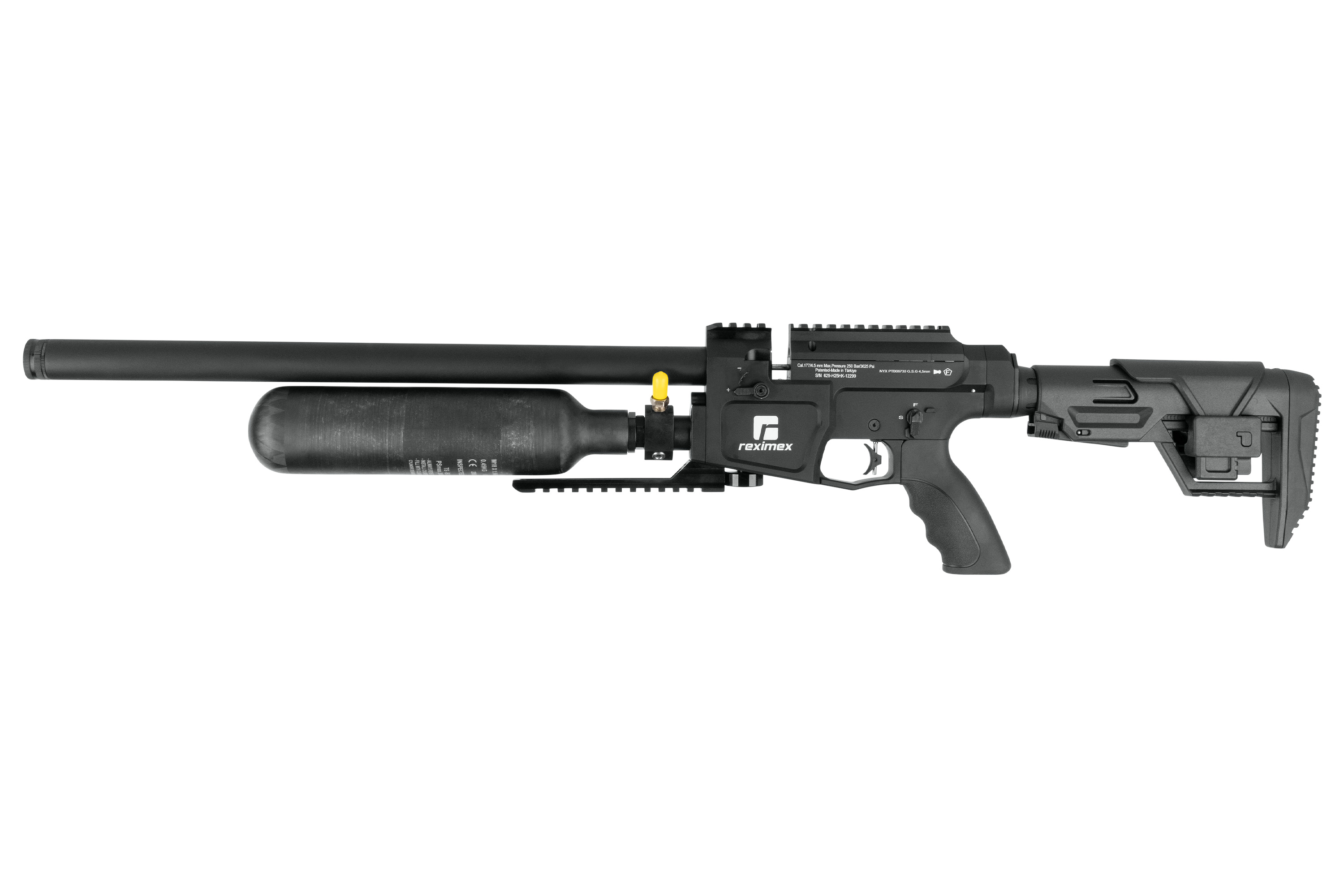 Reximex-Luftgewehr mit schwarzem Finish, verstellbarem Schaft und integriertem Lufttank für präzises Schießen.