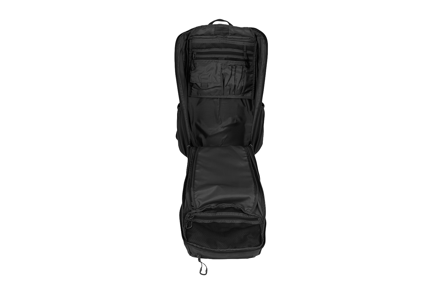 Ein offener schwarzer taktischer Rucksack mit Innenfächern, Netztaschen und Organizern für Ausrüstung und Zubehör.