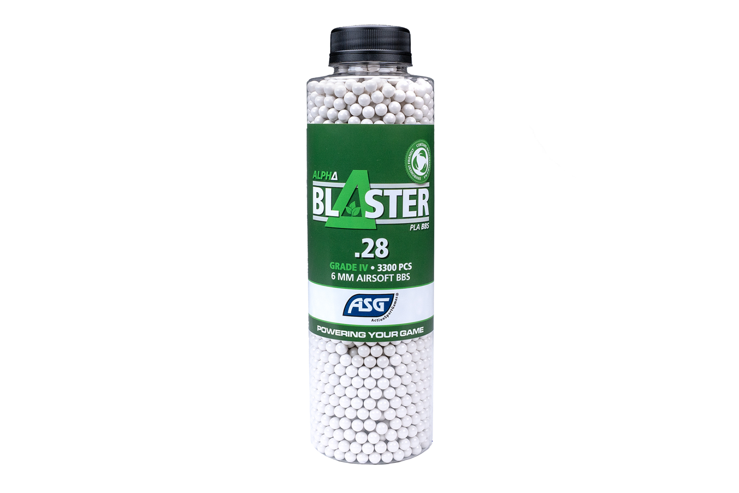 Alpha Blaster .28g 6mm Airsoft BBs, 3300 Stück in einer durchsichtigen Flasche, ideal für Airsoft-Enthusiasten.