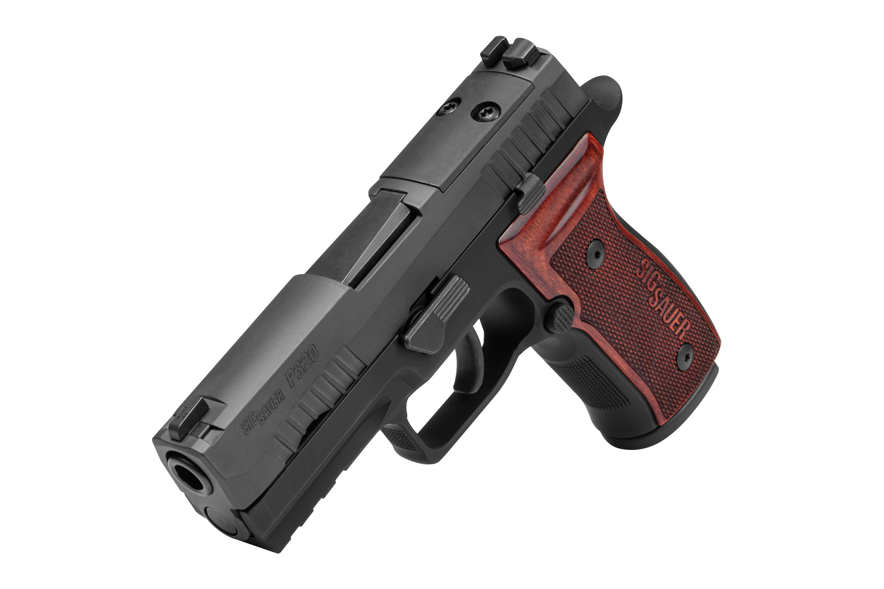 Sig Sauer P320 Luftpistole mit schwarzem Schlitten und Holzgriff, konzipiert für Präzisionsschießen.