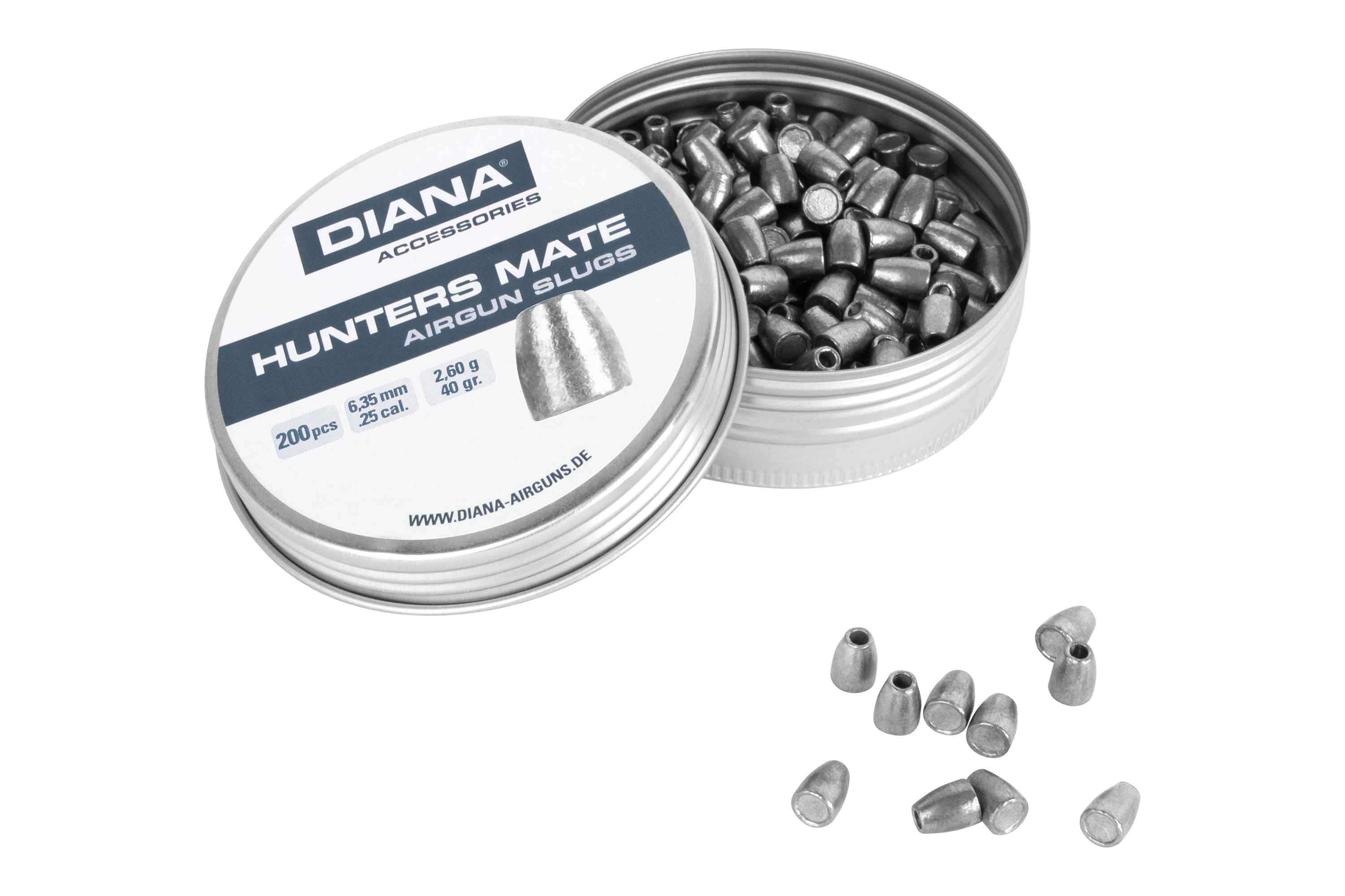 Diana Hunters Mate-Luftgewehrgeschosse im Kaliber 6,35 mm, .25, 200er-Dose mit Bleikugeln für hochpräzises Schießen.