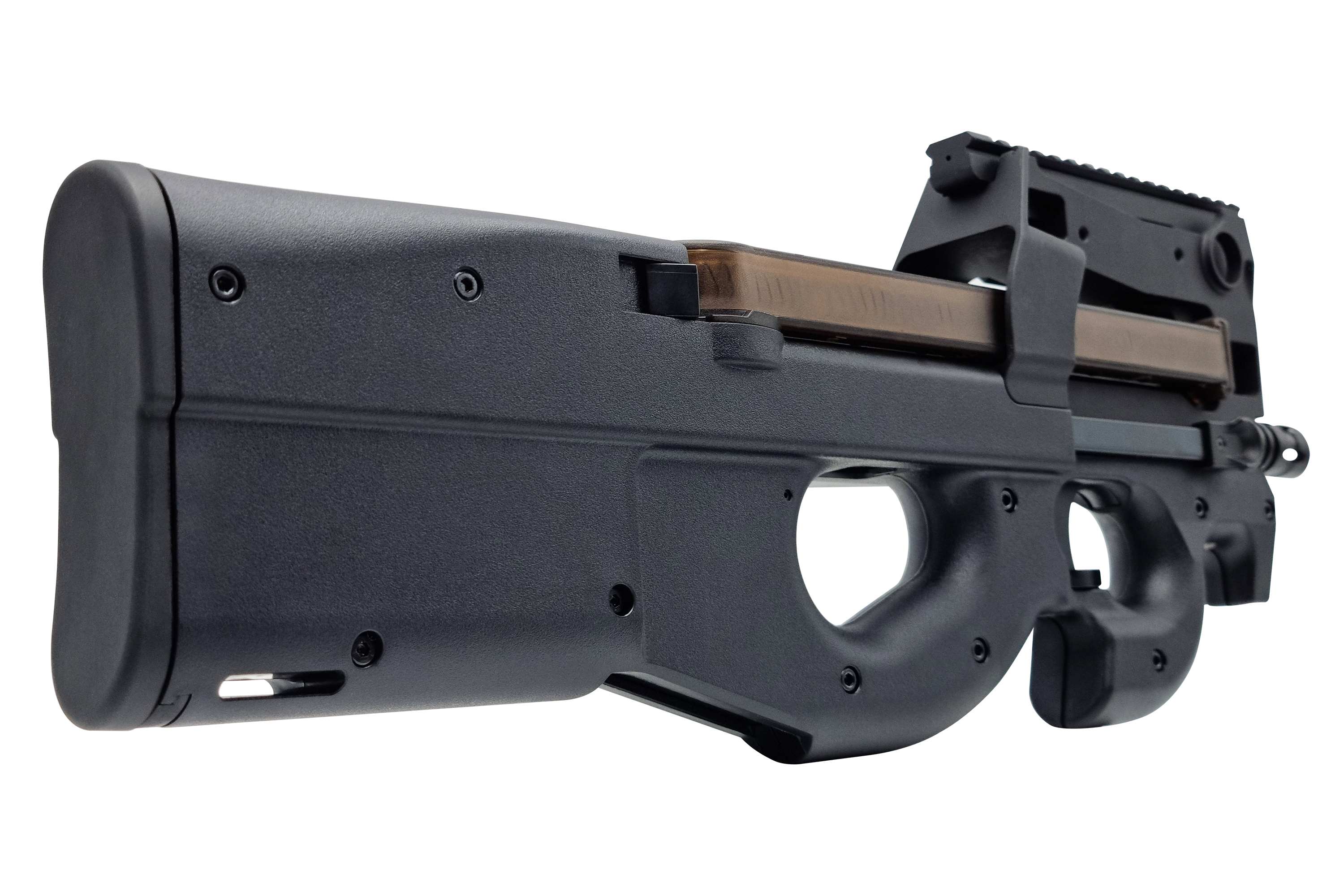Schwarze Airsoft-Maschinenpistole im FN P90-Stil mit durchsichtigem Magazin und kompaktem Bullpup-Design auf Weiß.