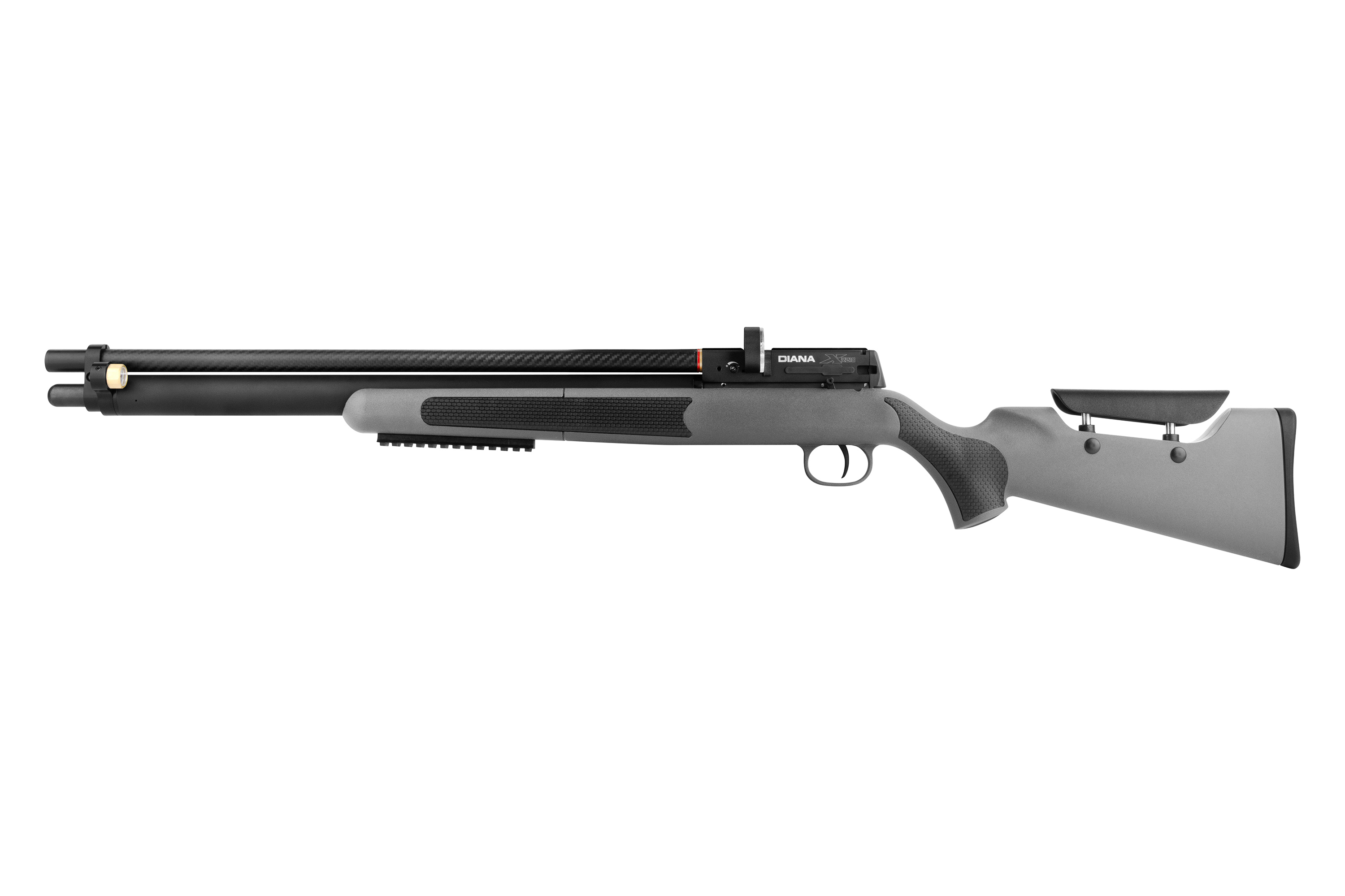 Diana Stormrider PCP-Luftgewehr mit grauem Kunststoffschaft, Laufabdeckung aus Kohlefaser und verstellbarer Backe.